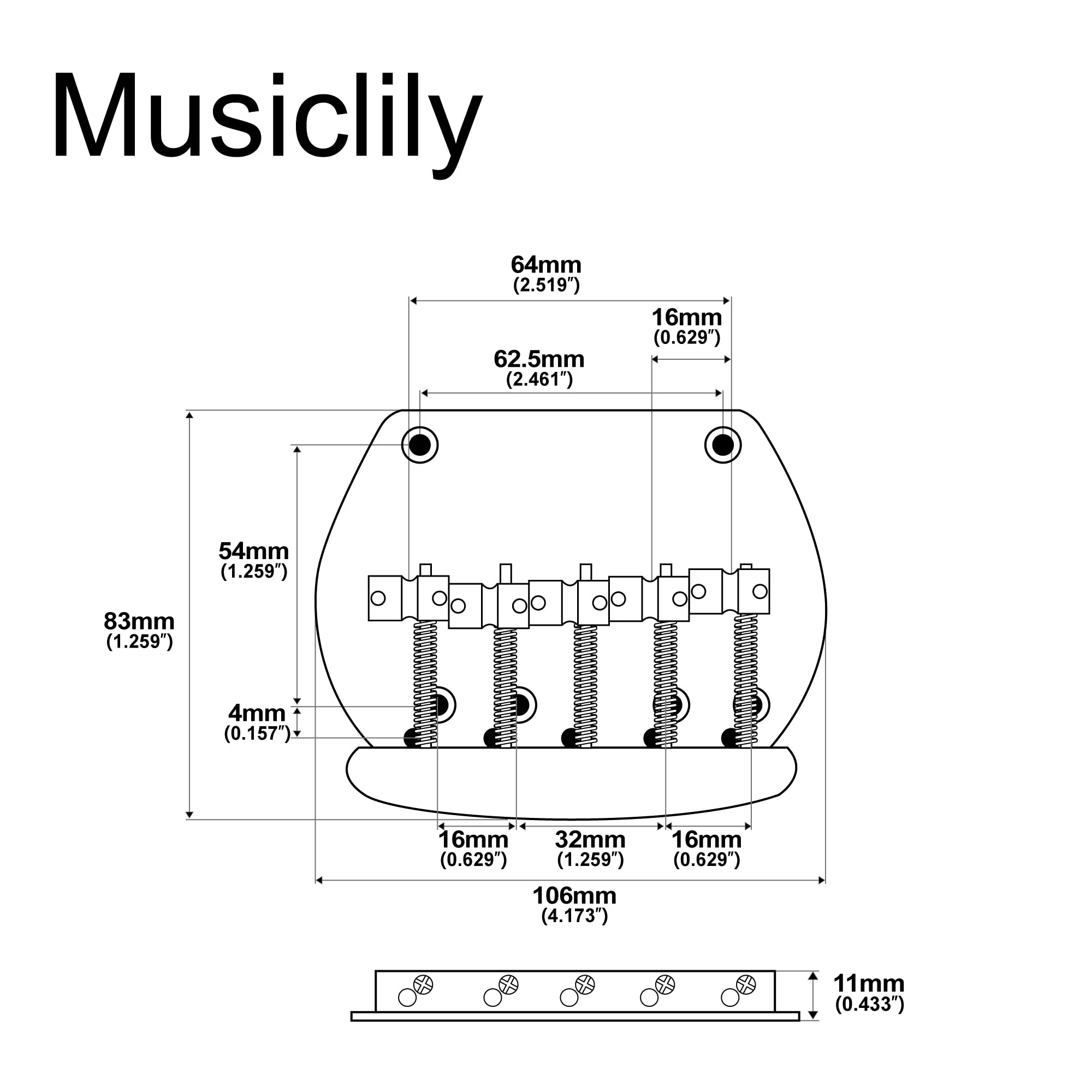 Musiclily Pro 16mm Steel 5-String Bass Bridge for Musicman Style Bass, Black - Image 2