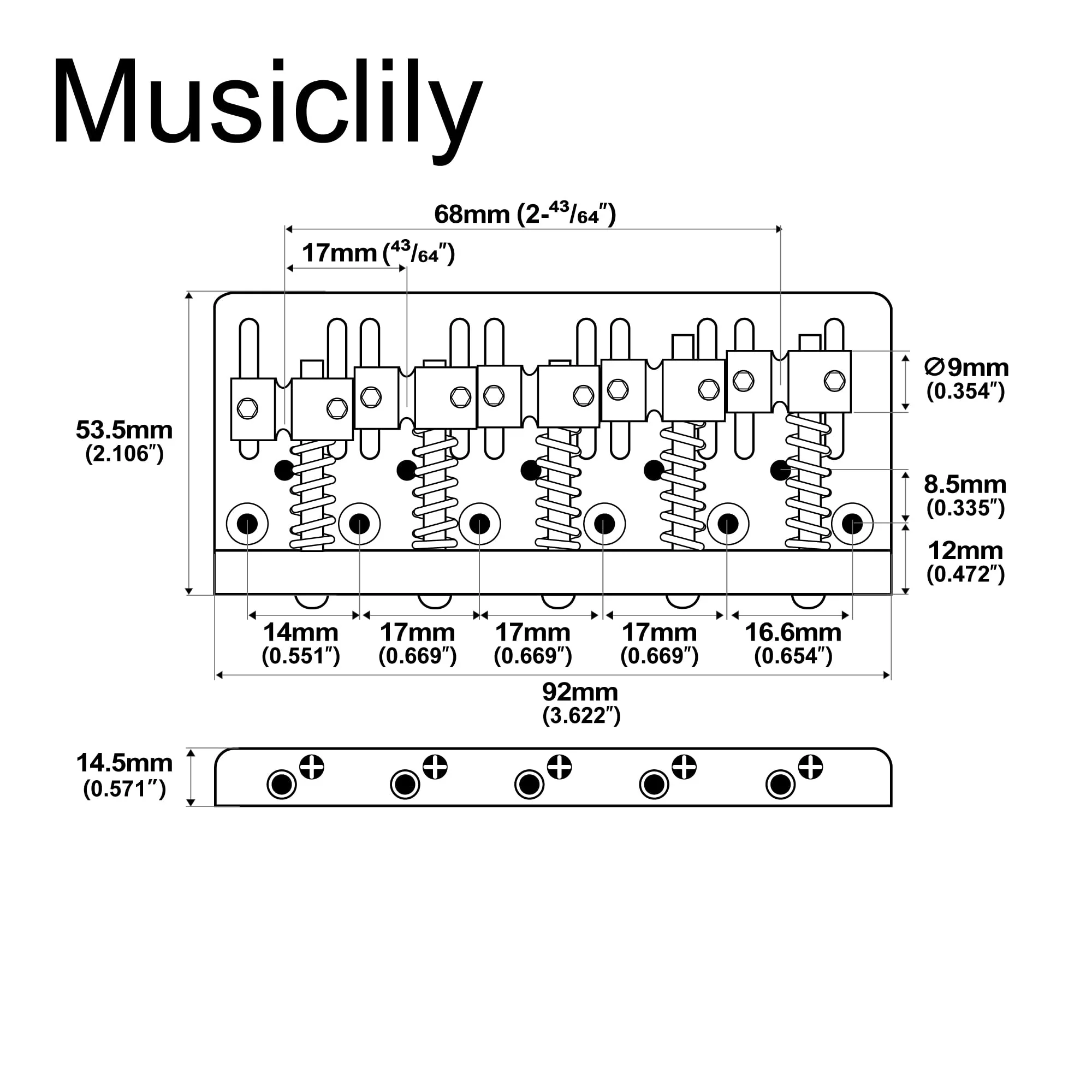Musiclily Pro 17mm Heavy Duty 5-String Bass Bridge Dual Load with Brass Saddle Steel Plate for Precision Jazz Bass Replacement, Chrome - Image 2