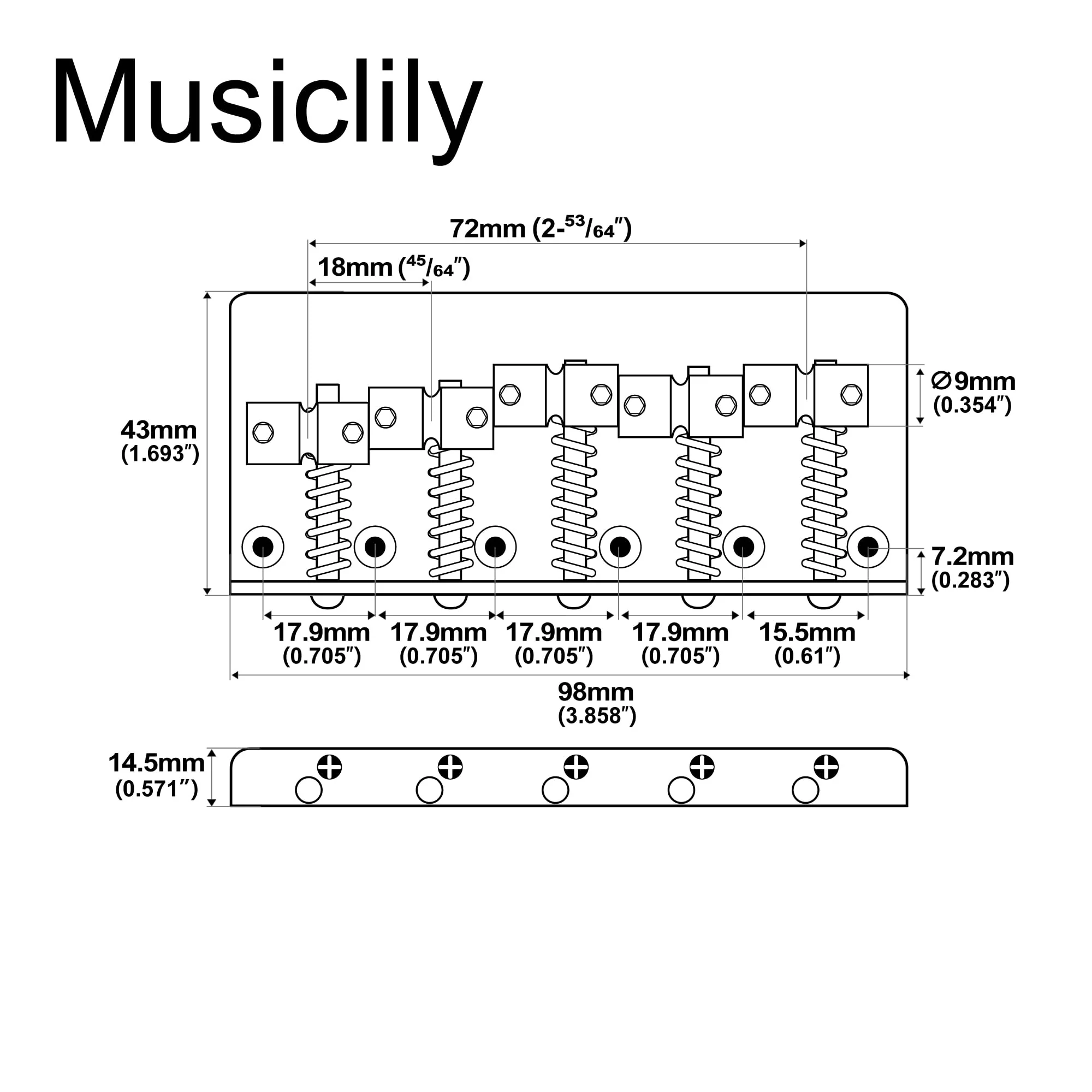 Musiclily Pro 18mm String Spacing Classic Standard Top-loading 5-String Bass Bridge with Brass Saddle Steel Plate, Gold - Image 2
