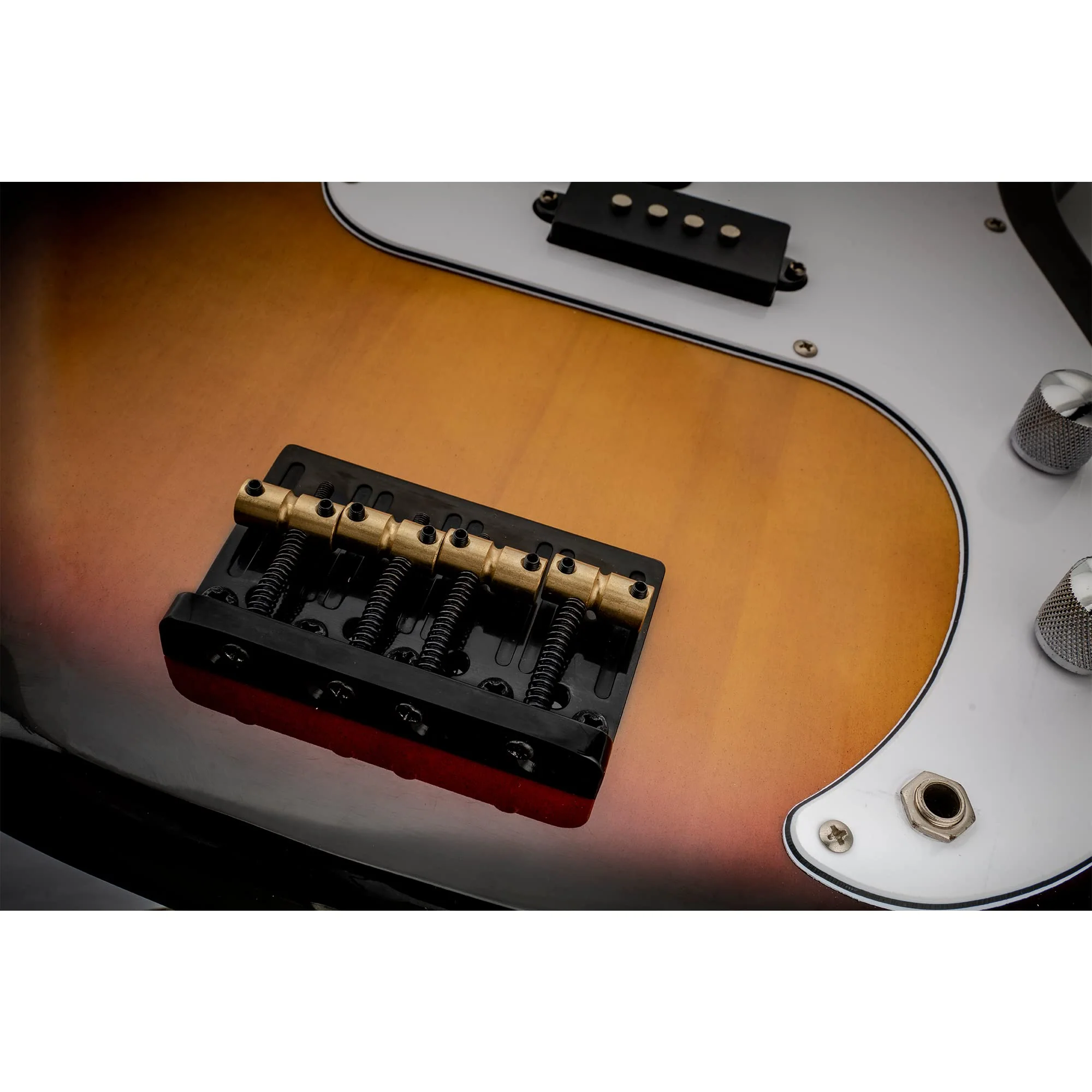 Musiclily Pro 19mm 4-String Bass Hardtail Bridge with Brass Saddles and Steel Plate, Black - Image 6