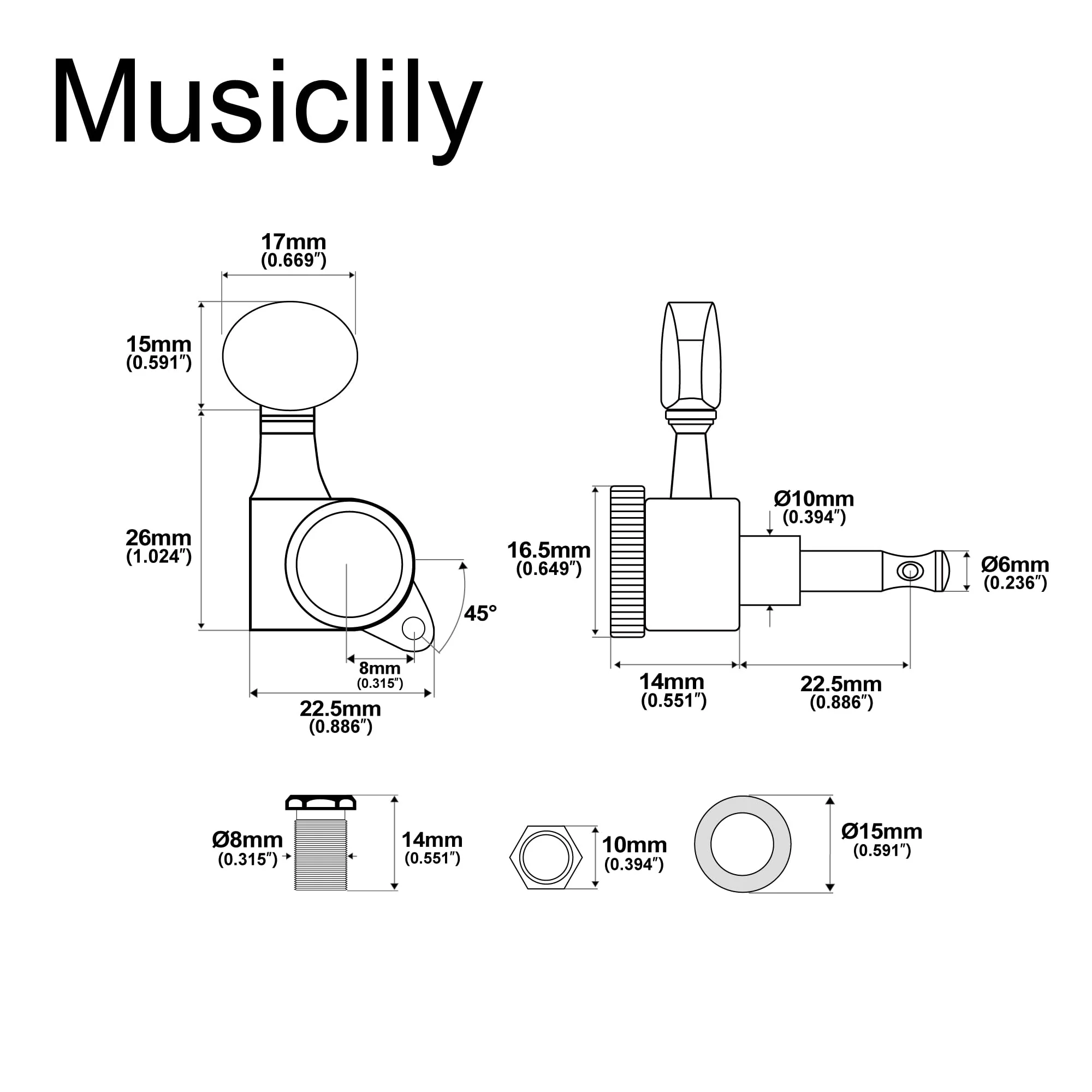 Musiclily Pro 6-in-line 18:1 Ratio Full Sealed Locking Machine Heads Tuners Tuning Pegs Keys with Vintage Oval Button 45 Degree Screw for Strat Tele Style Electric Guitar, Black - Image 2