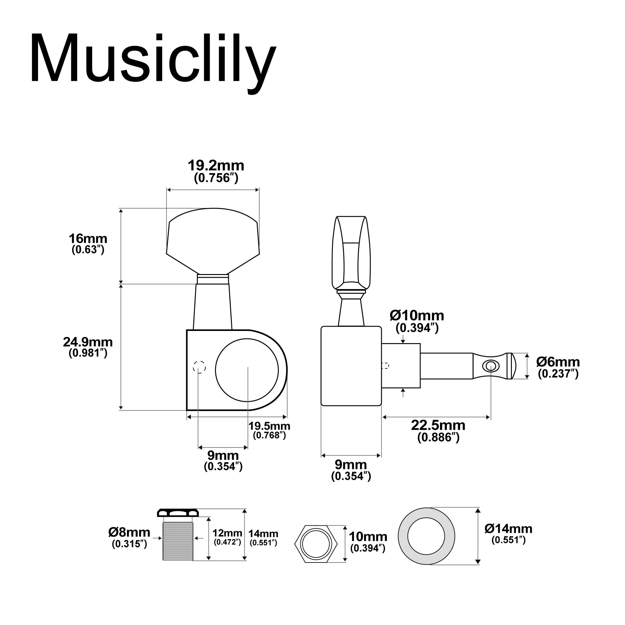 Musiclily Pro 6 inline 1-Pin Sealed Guitar Machine Heads Tuners 15:1 Ratio Tuning Pegs Keys for SQ Strat Tele Style Electric Guitar, Chrome with Hex Button - Image 2