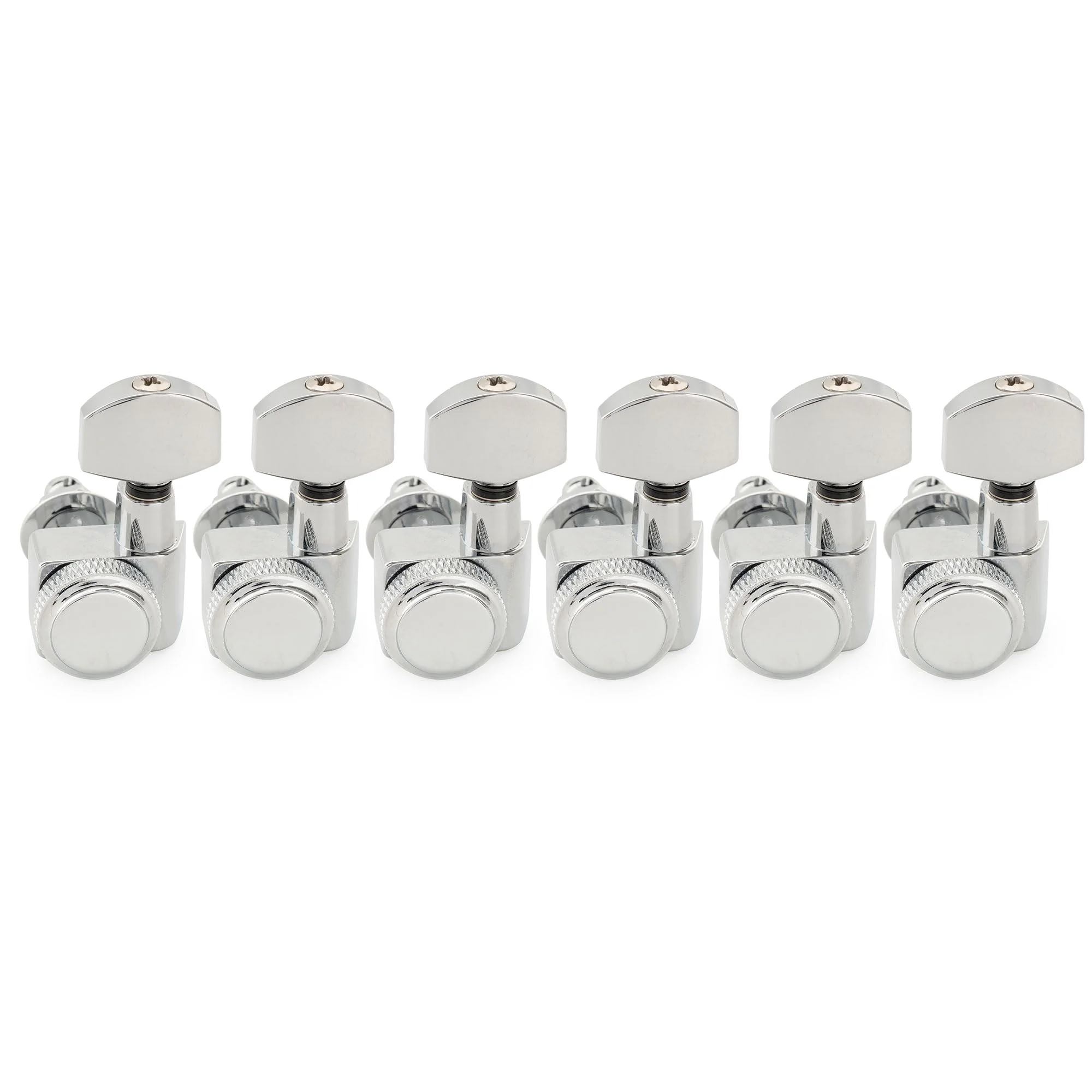 Musiclily Pro Left-Handed 6-in-line 18:1 Ratio 2-Pin Full Sealed Locking Machine Heads Tuners Tuning Pegs Keys with Hex Button for Fender Strat Tele Style Electric Guitar, Chrome 6L Chrome