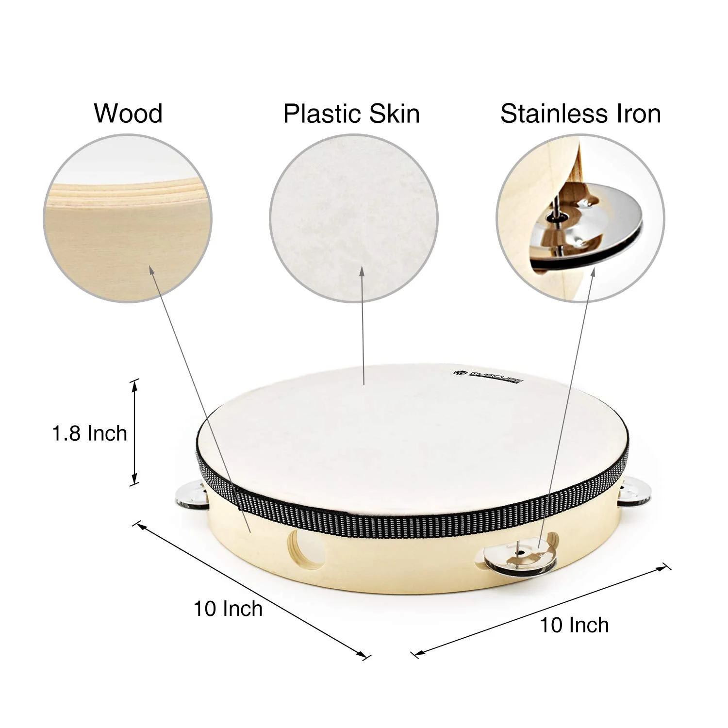 MUSICUBE 10-Inch Headed Tambourine for Adults Kids Single Row Wooden Headed Tambourine with Stainless Iron Jingles Educational Hand-Held Percussion Instrument Toys for Home School Party Supplies 10"tambourines - Image 2