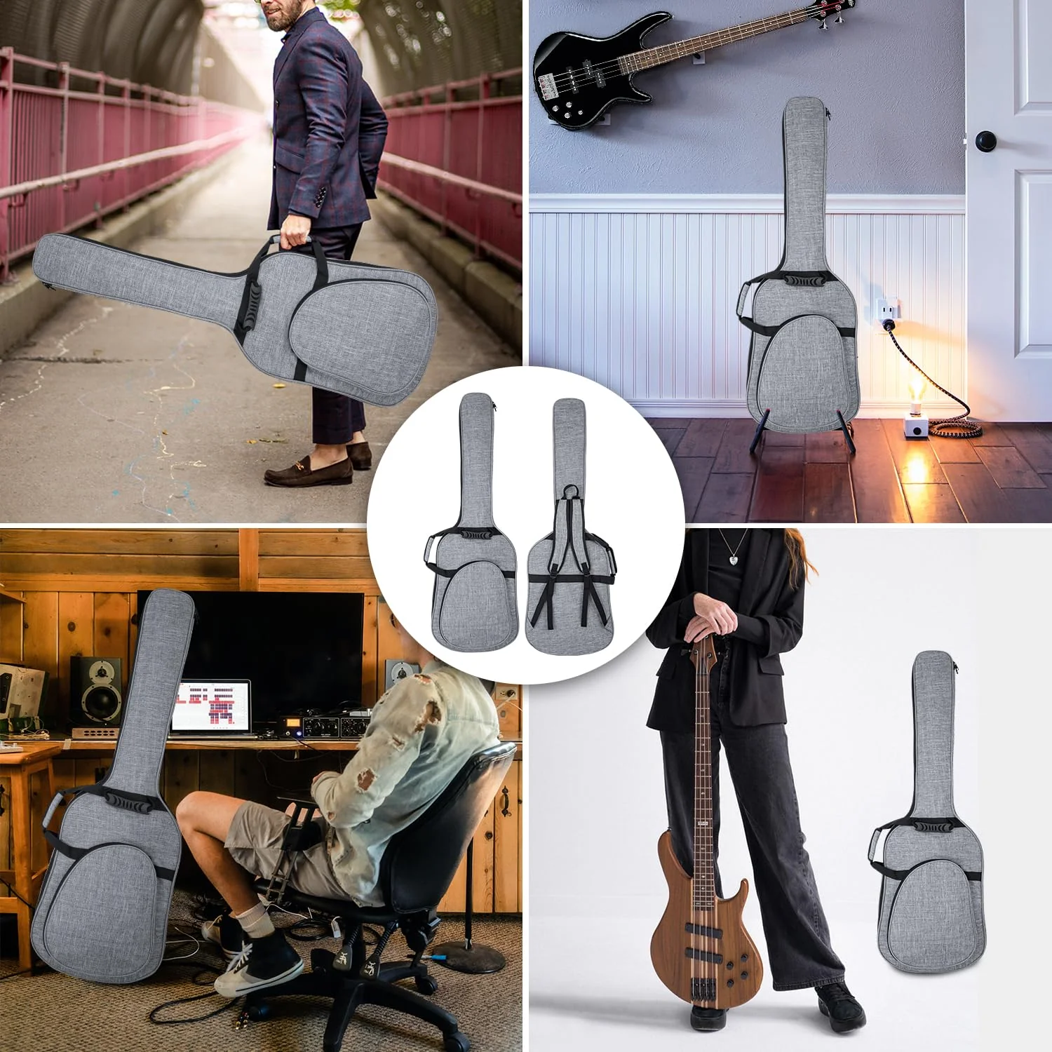 MUZNOTE 47 Inch Bass Guitar Bag 0.35 inch Padding Bass Guitar Case Electric Bass Case, Electric Bass Gig Bag Backpack with Neck Strap and Pockets, Grey - Image 6