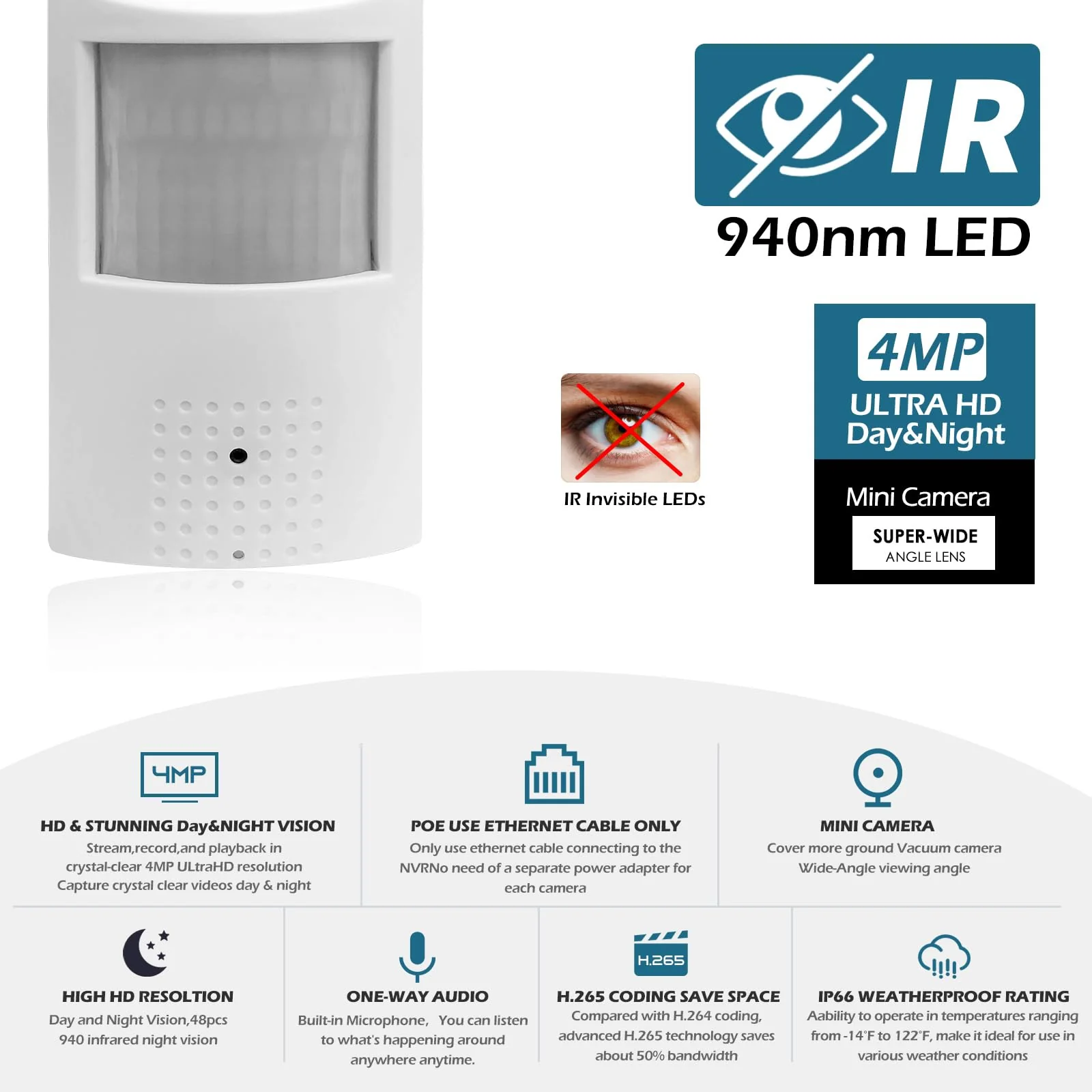 MWRCTV Audio 4MP(1440P) 3.7mm Lens Night Vision Mini IP 940nm Infrared IR led PIR Style P2P Indoor POE Motion Detector Security Camera for NVR/RSTP(NOT Wireless) - Image 2