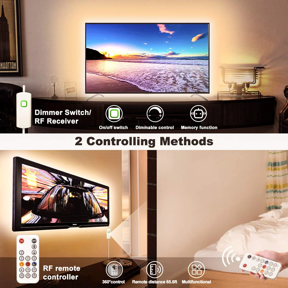 MY BEAUTY LIGHT LED Strip Lights Warm White,32.8ft Dimmable LED Light Strip with RF Remote,600 Bright 3000K 2835 LEDs,Plug-in Adhesive Rope Lights with Timing Mode for Living Room Bedroom Kitchen 32.8ft - Image 3