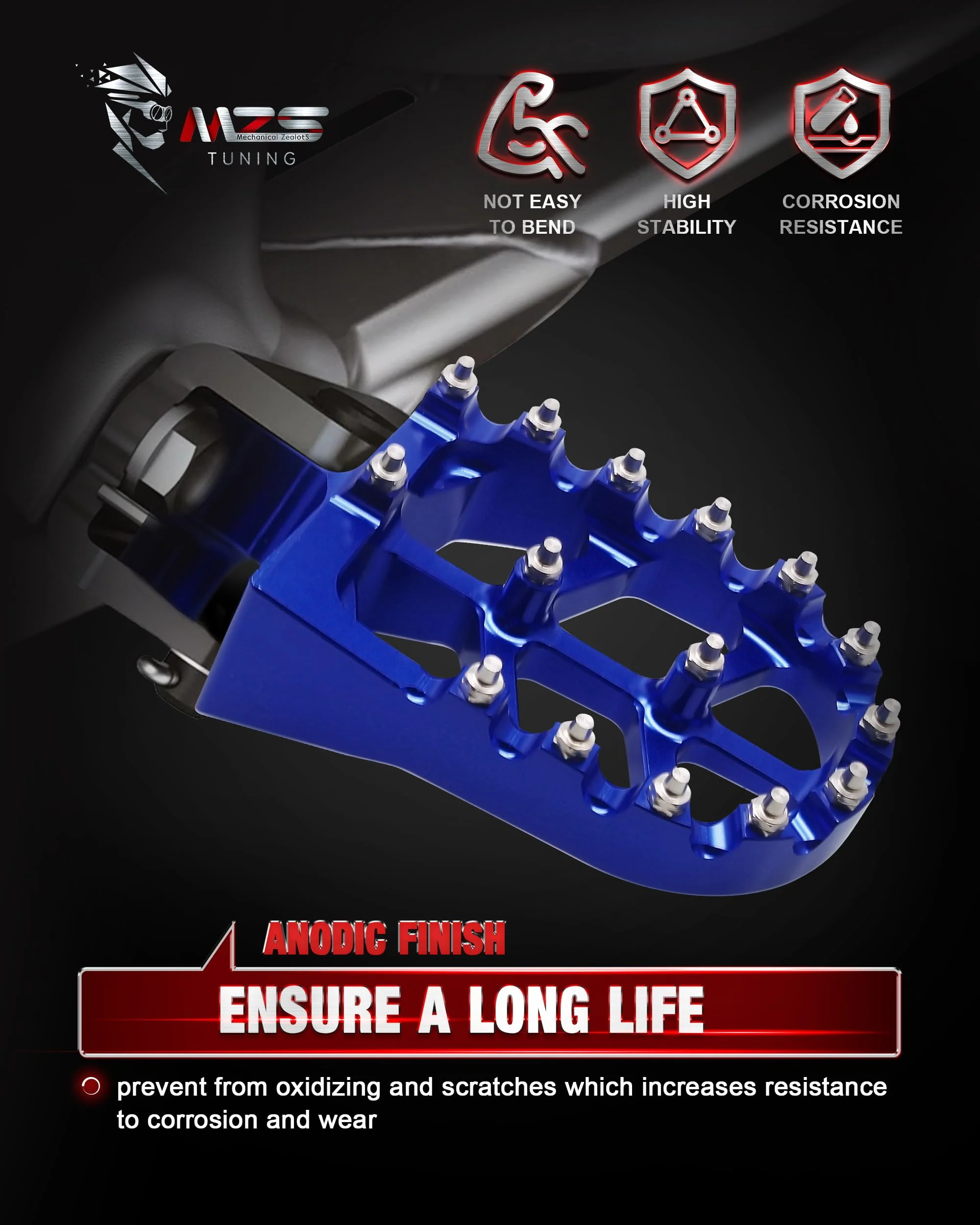 MZS Dirt Bike Foot Pegs, CNC Motocross Footpeg MX Footrest Rest Pedal Blue Compatible with YZ65 YZ85 YZ125 YZ250 YZ250F YZ125X YZ250X YZ426F YZ450F YZ450FX YZ250FX WR250F WR450F YZ 65/85/125/250/250F/250X/426F/450F, WR 250F/450F - Image 4