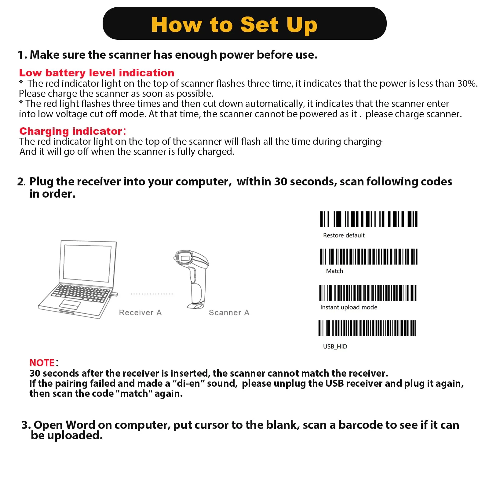 NADAMOO Wireless Barcode Scanner 328 Feet Transmission Distance USB Cordless 1D Laser Automatic Barcode Reader Handhold Bar Code Scanner with USB Receiver for Store, Supermarket, Warehouse - Black - Image 7