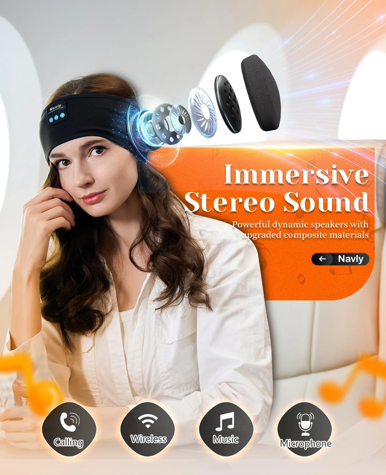 Navly Sleep Headphones, 10Hrs Sports Headband with Soft Cozy Earbuds Comfortable, Headphones Headband with Ultra-Thin HD Stereo Speakers Perfect for Workout,Running,Yoga,Travel Dark Black - Image 2
