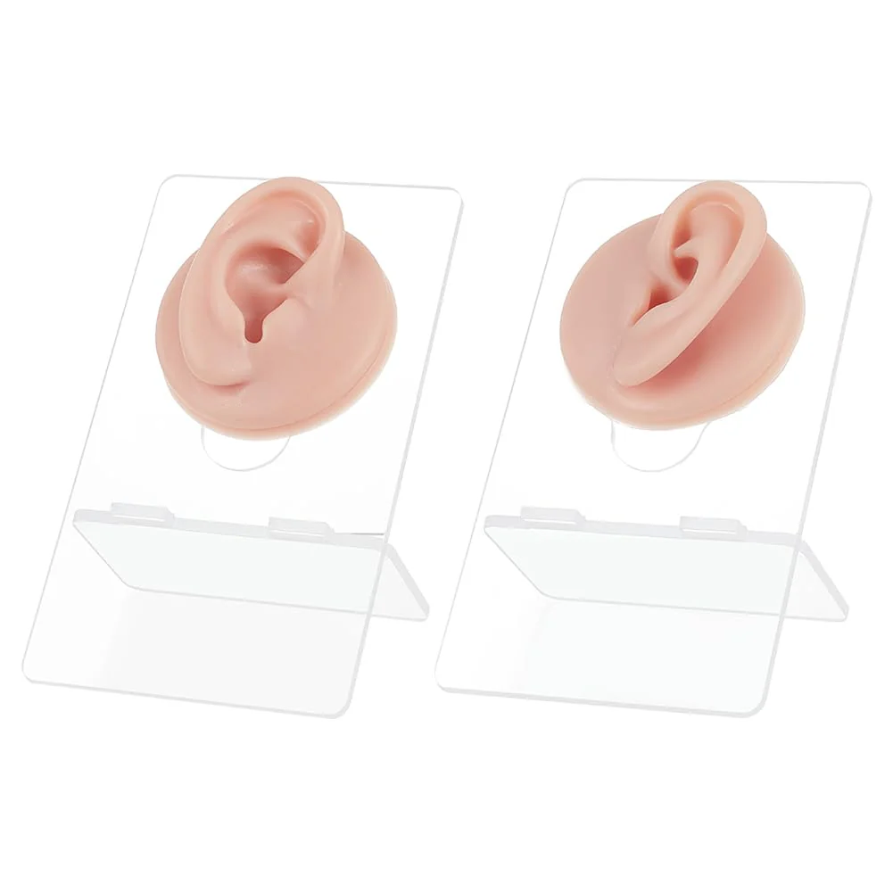 nbeads Set of 2 Silicone Ear Model with Acrylic Stand, Left and Right Flexible Model Piercing Practice Realistic Soft Ear Shape for Jewellery Display Acupuncture Mannequin Teaching
