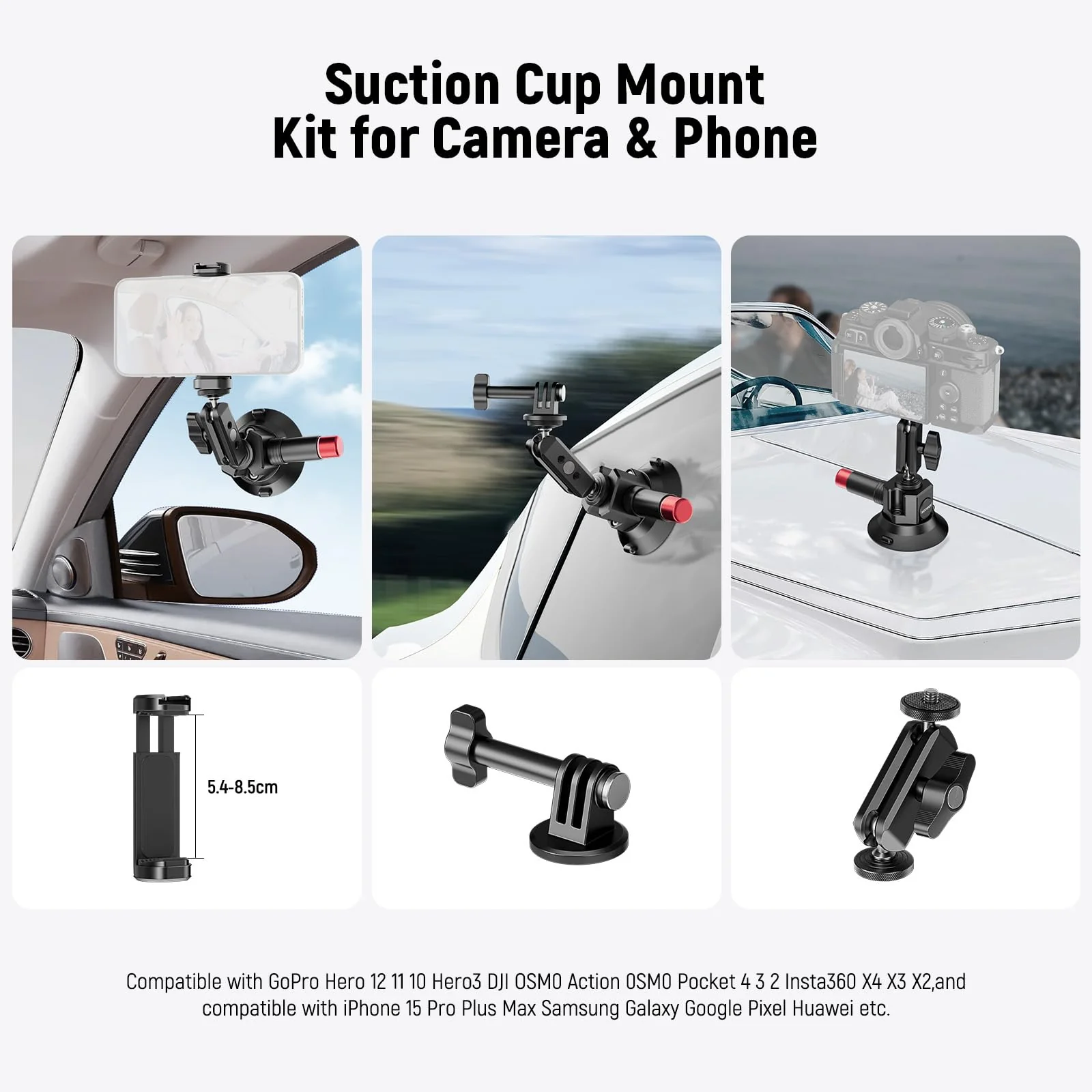 Neewer 3" Suction Cup Camera Mount Bracket with Ball Head Magic Arm, 1/4" ARRI Holes, Quick Release Car Mount with Phone Holder & Action Cam Adapter Compatible with iPhone DJI Insta360, CA104 - Image 2