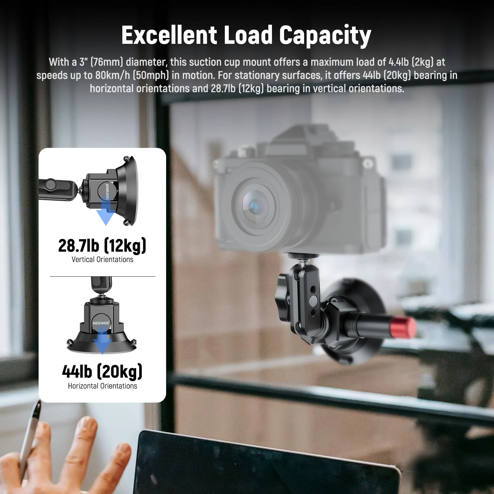 Neewer 3" Suction Cup Camera Mount Bracket with Ball Head Magic Arm, 1/4" ARRI Holes, Quick Release Car Mount with Phone Holder & Action Cam Adapter Compatible with iPhone DJI Insta360, CA104 - Image 3