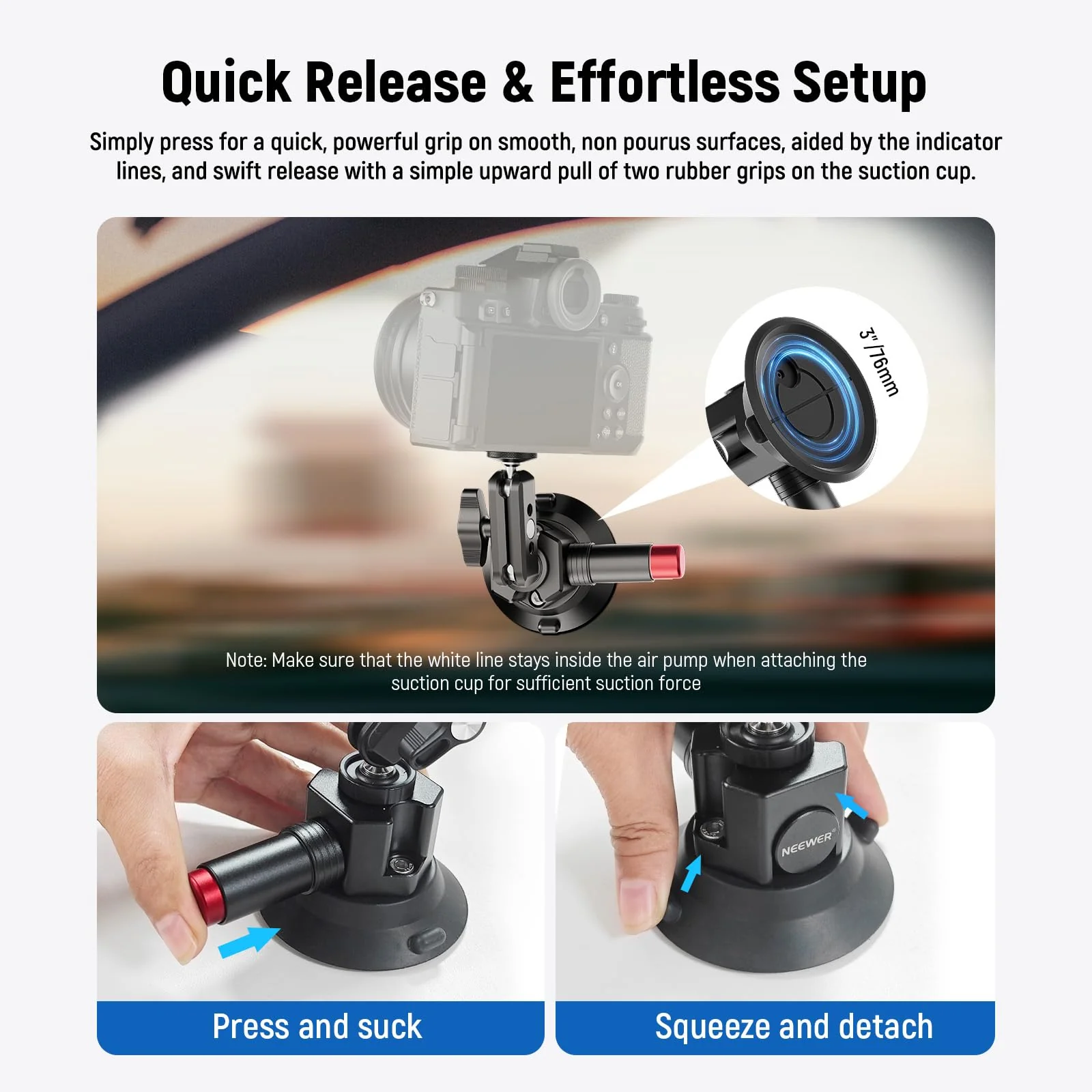 Neewer 3" Suction Cup Camera Mount Bracket with Ball Head Magic Arm, 1/4" ARRI Holes, Quick Release Car Mount with Phone Holder & Action Cam Adapter Compatible with iPhone DJI Insta360, CA104 - Image 4