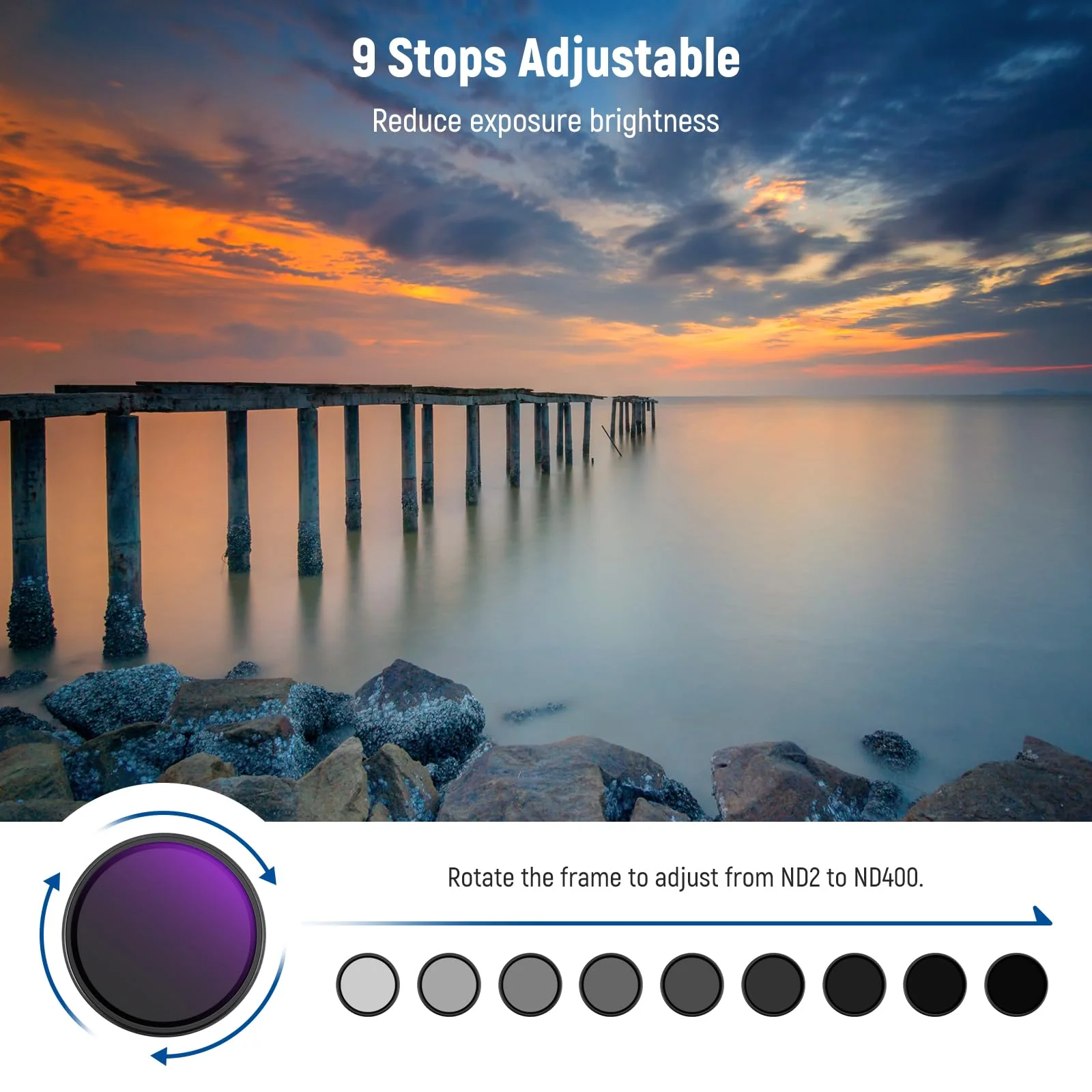 NEEWER 49mm ND2-400 (1-9 Stops) Variable ND Filter with Lens Cap, Lanyard, Cleaning Cloth, Precise Neutral Density Adjustment, Fingerprint & Scratch Resistant Multicoated Optical Glass - Image 2