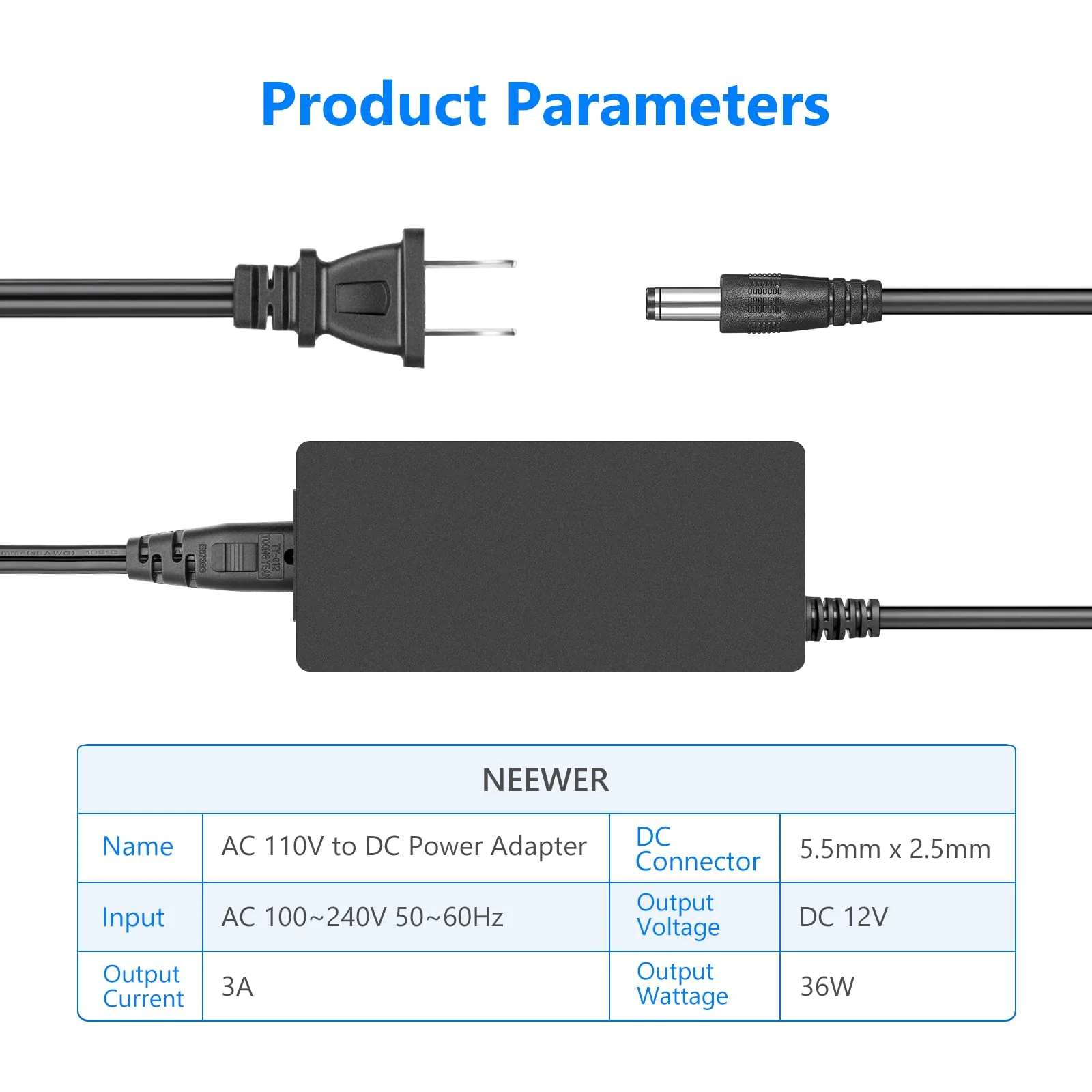 Neewer AC 100-240V to DC 12V 5A 60W Power Supply Adapter with 6.5 feet/2 Meters Power Cable Compatible with 660 960 LED Video Light and Max. 12V 5A 60W Ring Light (US Plug) - Image 5