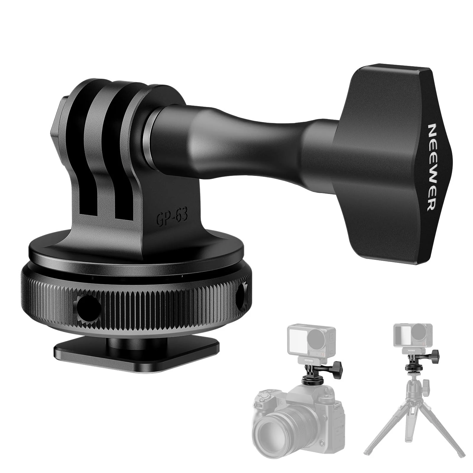 NEEWER Action Camera Cold Shoe Mount Adapter Compatible with GoPro Accessories Go Pro DJI Insta360 AKASO, Metal 1/4" Thread Hot Shoe Mount for Mini Tripod Selfie Stick, 180° Tilt, GP-63