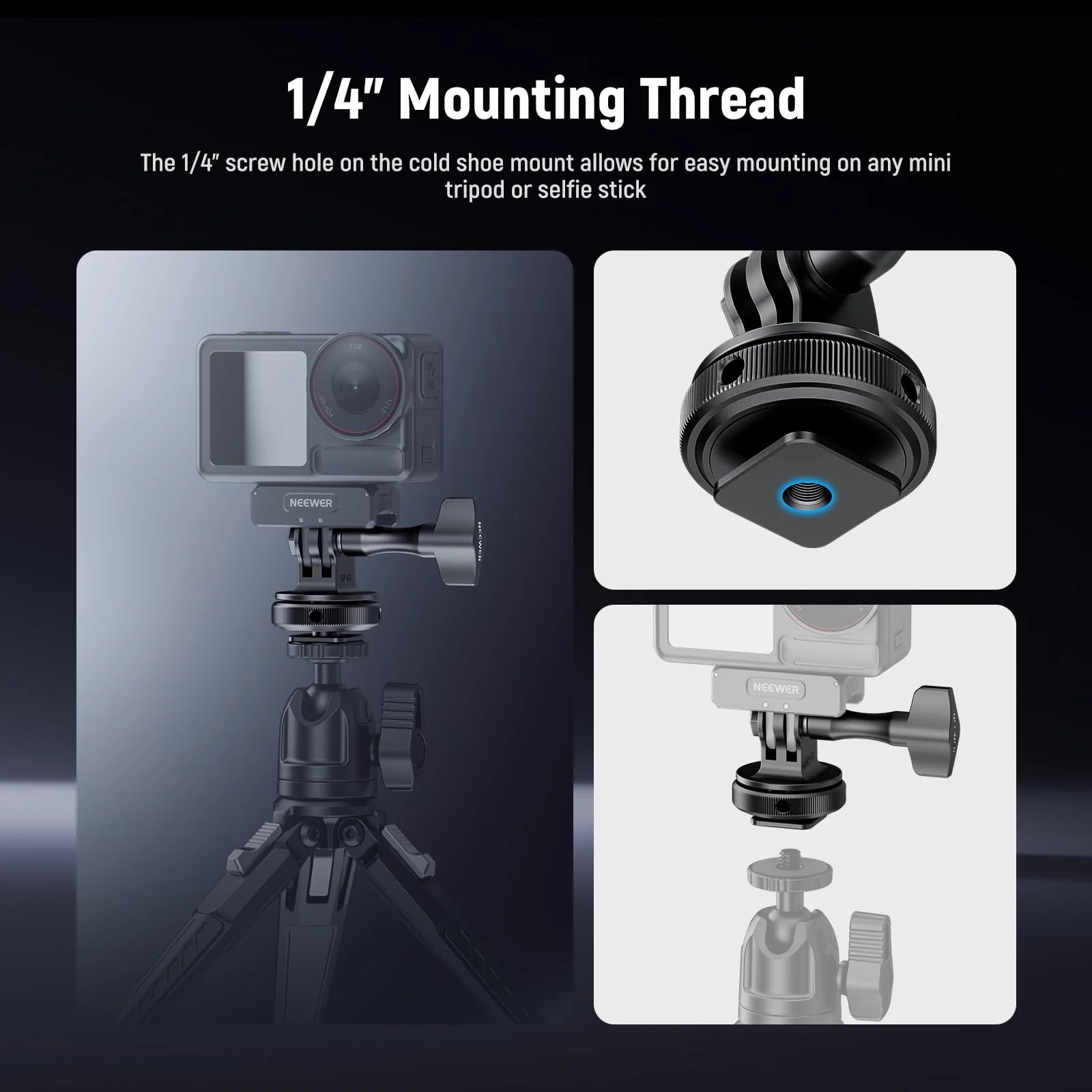 NEEWER Action Camera Cold Shoe Mount Adapter Compatible with GoPro Accessories Go Pro DJI Insta360 AKASO, Metal 1/4" Thread Hot Shoe Mount for Mini Tripod Selfie Stick, 180° Tilt, GP-63 - Image 4