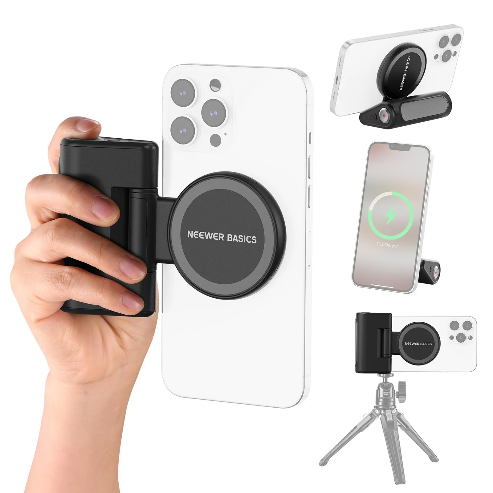 NEEWER Basics Magnetic Phone Camera Grip Handle with Shutter Remote Compatible with MagSafe iPhone ONLY, 18W Magnetic Charging, 5000mAh Rechargeable for Vlog Selfie Tripod Video Recording, WS-25001