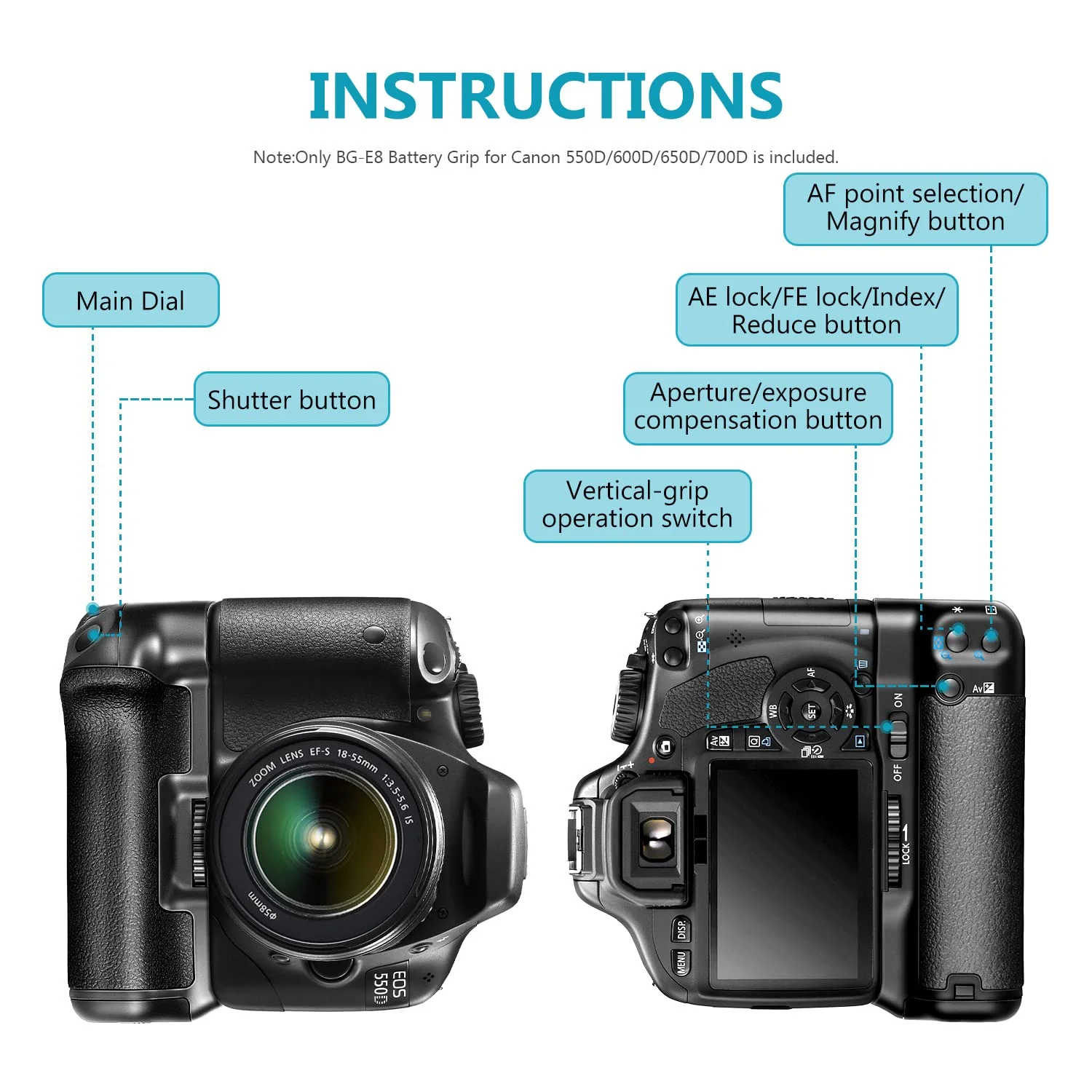 Neewer BG-E8 Replacement Battery Grip for Canon EOS 550D 600D 650D 700D/ Rebel T2i T3i T4i T5i SLR Cameras Standard Packaging - Image 2
