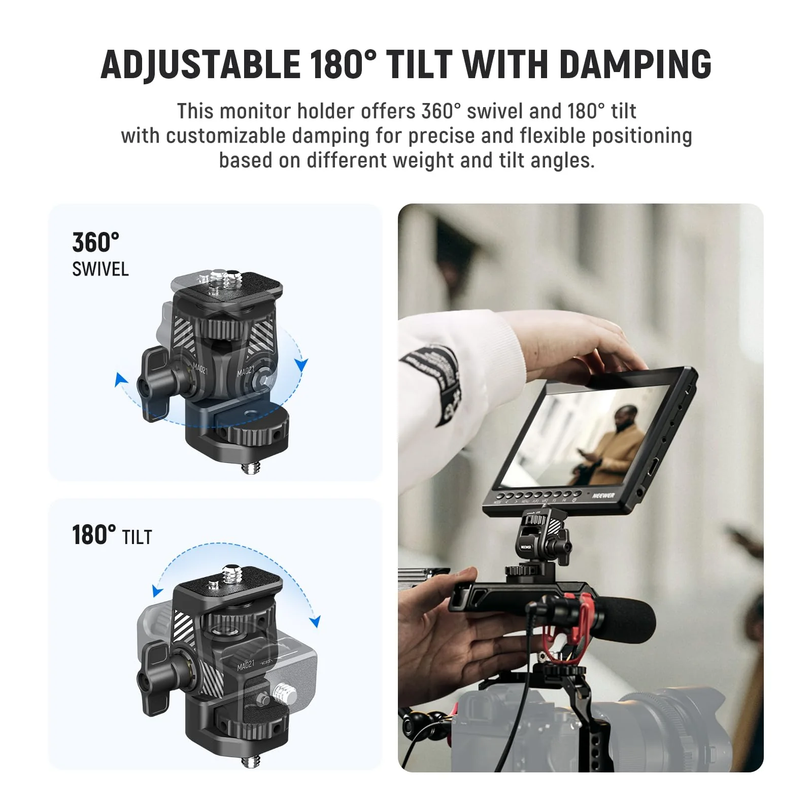 NEEWER Field Monitor Mount Monitor Holder with 1/4" Screw, 360° Swivel, 180° Tilt, Anti Twist Screw Compatible with Atomos Ninja 5" & 7" Camera Monitor Compatible with SmallRig Camera Cage, MA021 MA021 w/1/4" Screw - Image 5