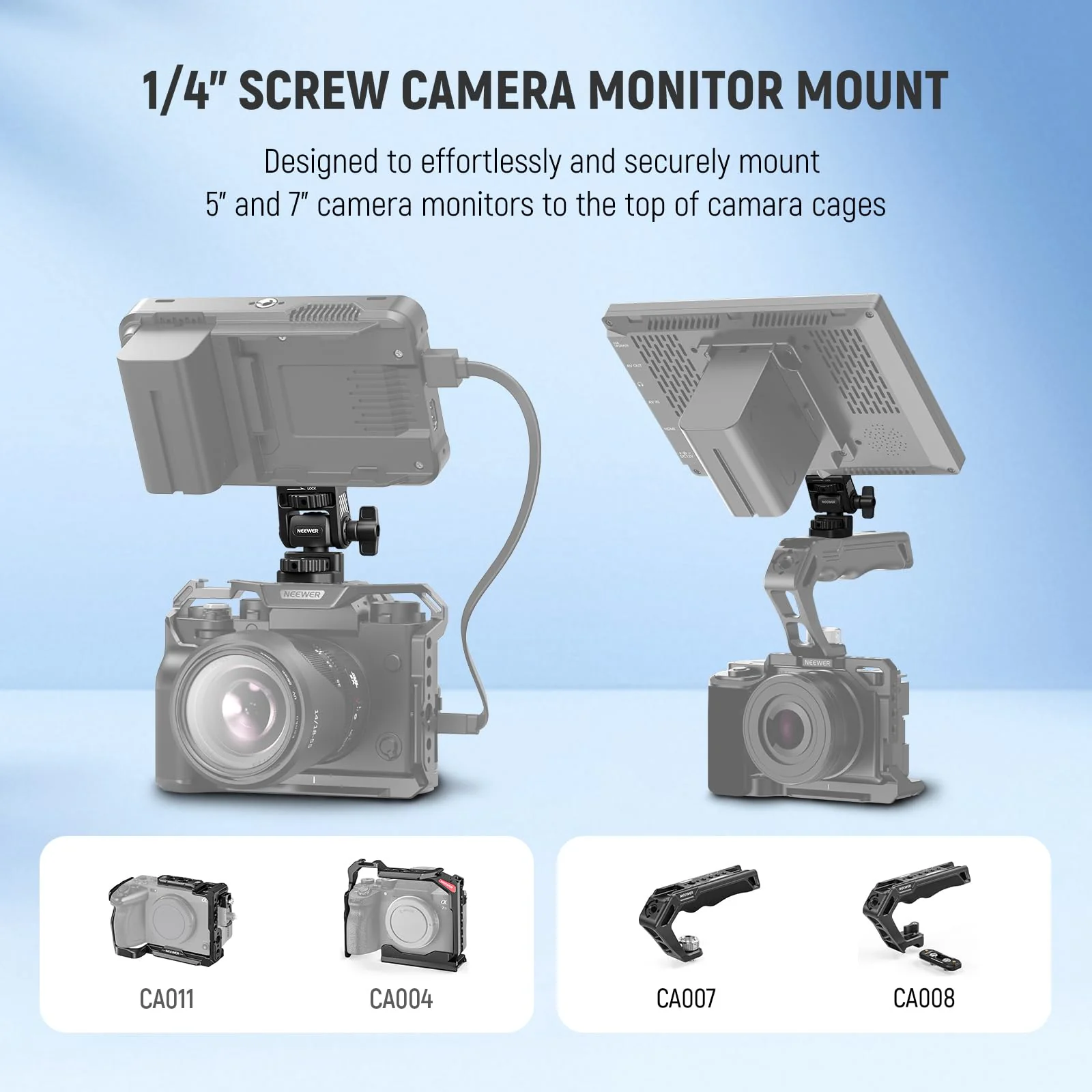 NEEWER Field Monitor Mount Monitor Holder with 1/4" Screw, 360° Swivel, 180° Tilt, Anti Twist Screw Compatible with Atomos Ninja 5" & 7" Camera Monitor Compatible with SmallRig Camera Cage, MA021 MA021 w/1/4" Screw - Image 7
