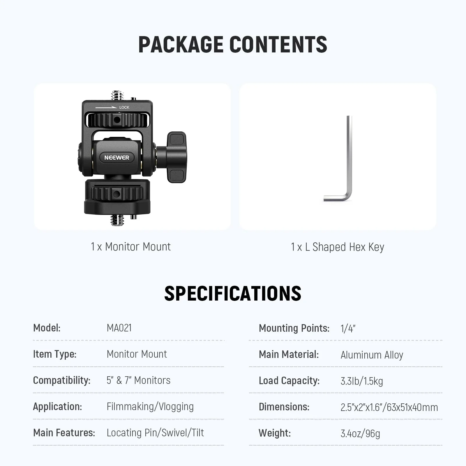 NEEWER Field Monitor Mount Monitor Holder with 1/4" Screw, 360° Swivel, 180° Tilt, Anti Twist Screw Compatible with Atomos Ninja 5" & 7" Camera Monitor Compatible with SmallRig Camera Cage, MA021 MA021 w/1/4" Screw - Image 9