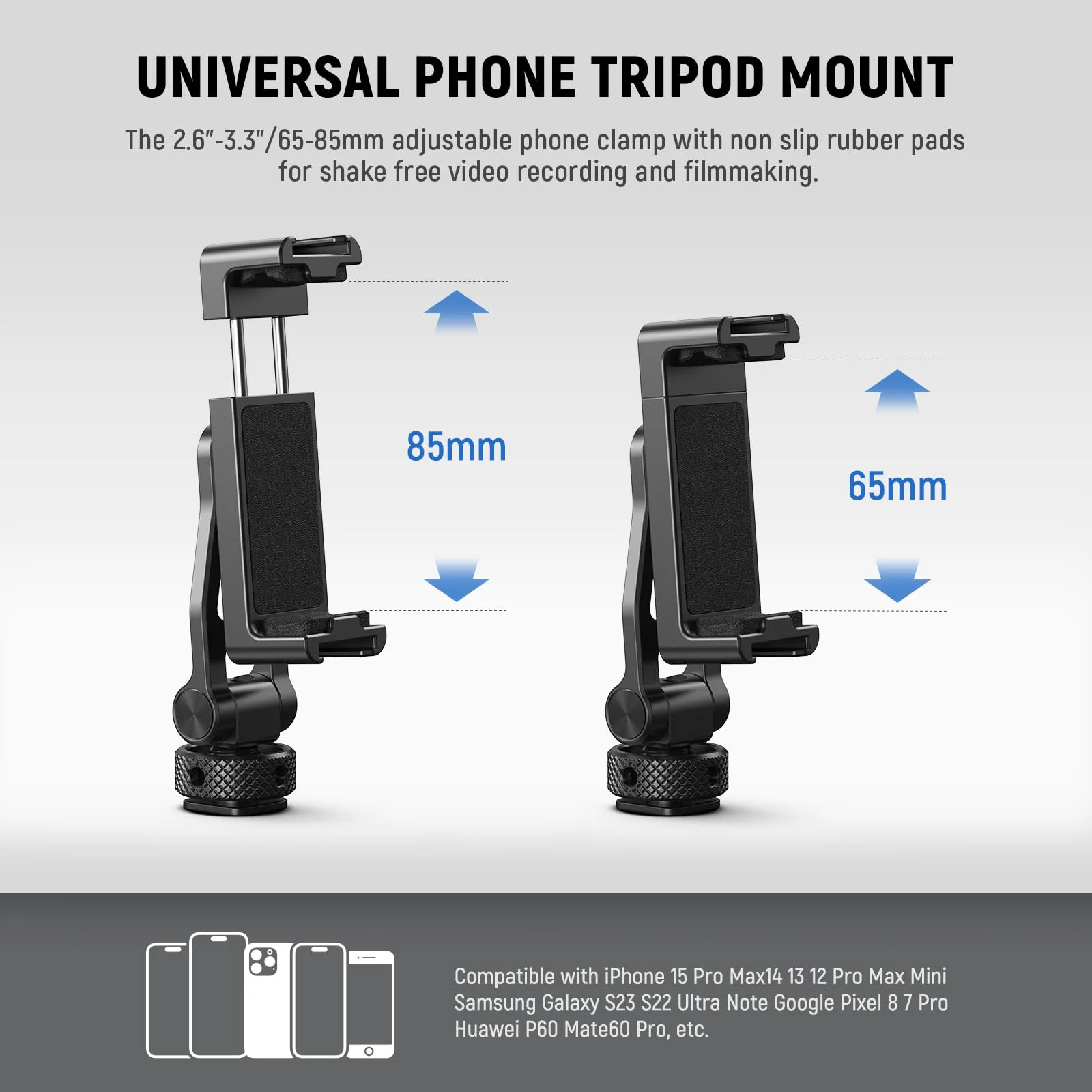 Neewer Metal Phone Tripod Mount with Cold Shoes, 1/4" Thread, 180° Tilt, 360° Rotation, Adjustable Phone Clamp Metal Phone Holder Compatible with iPhone 16 15 Pro Max S24 Ultra Camera Cage, GA010 - Image 2