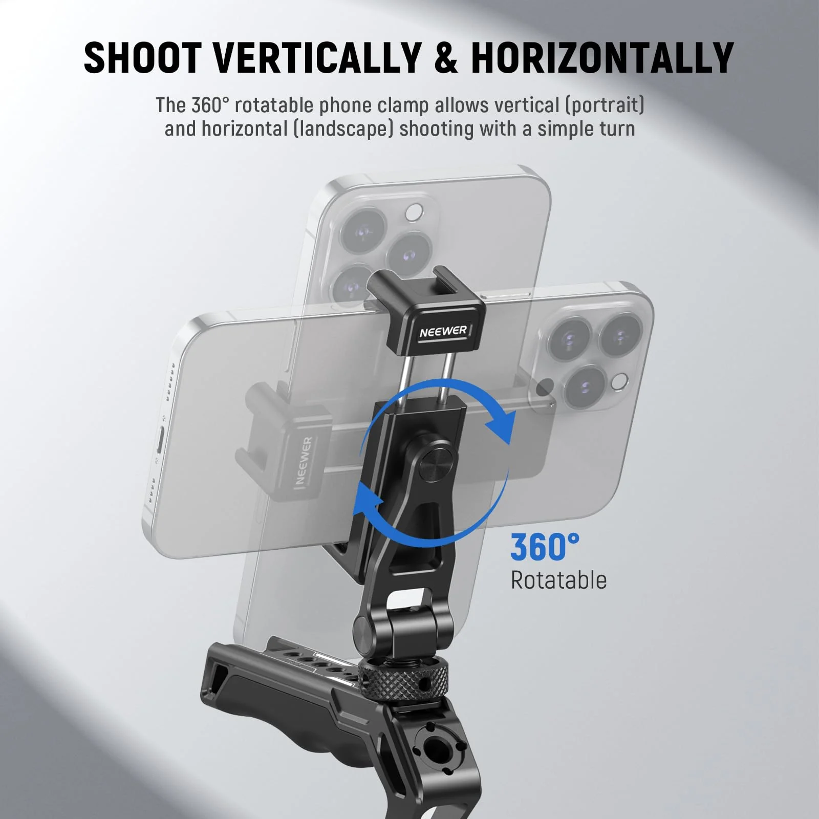 Neewer Metal Phone Tripod Mount with Cold Shoes, 1/4" Thread, 180° Tilt, 360° Rotation, Adjustable Phone Clamp Metal Phone Holder Compatible with iPhone 16 15 Pro Max S24 Ultra Camera Cage, GA010 - Image 3