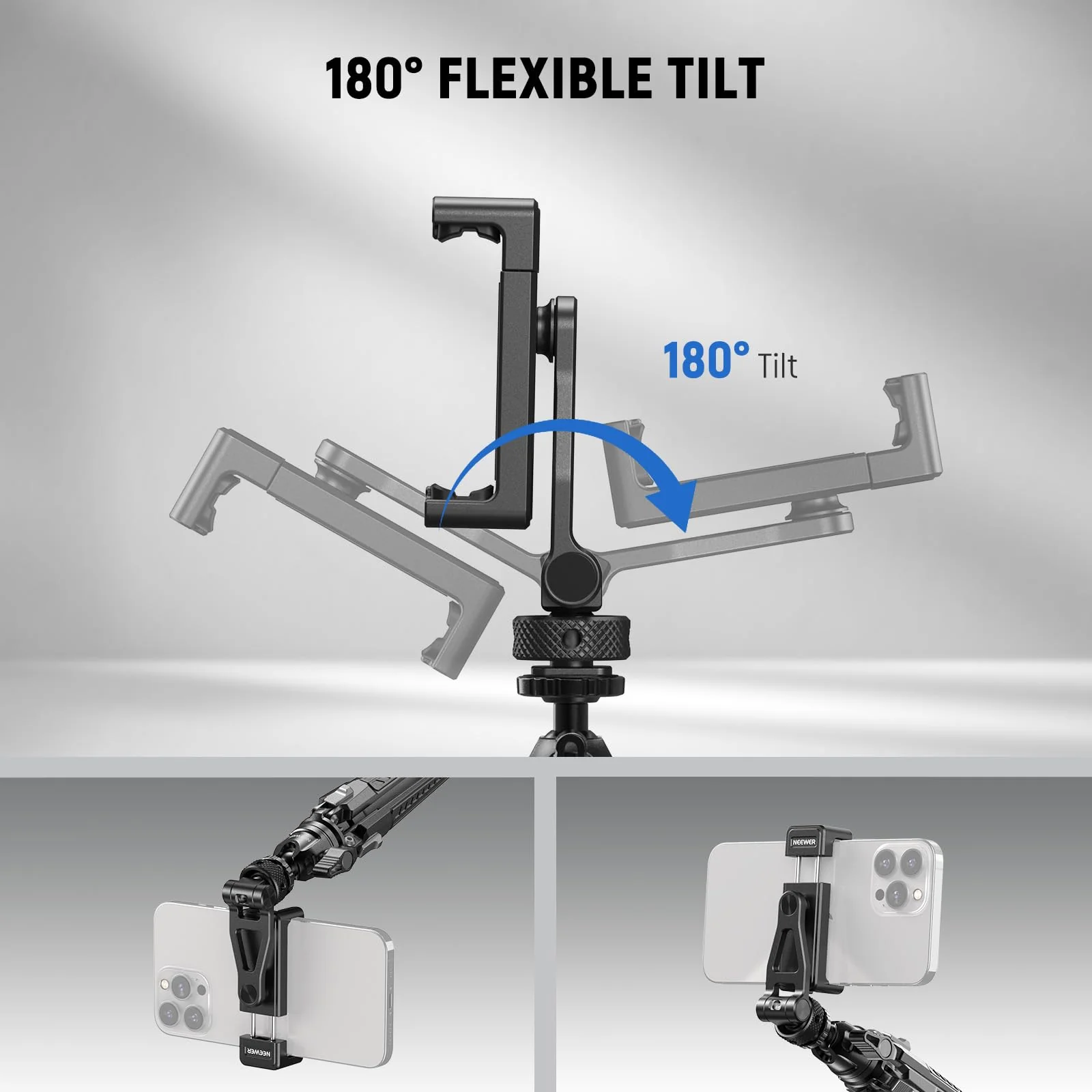 Neewer Metal Phone Tripod Mount with Cold Shoes, 1/4" Thread, 180° Tilt, 360° Rotation, Adjustable Phone Clamp Metal Phone Holder Compatible with iPhone 16 15 Pro Max S24 Ultra Camera Cage, GA010 - Image 4