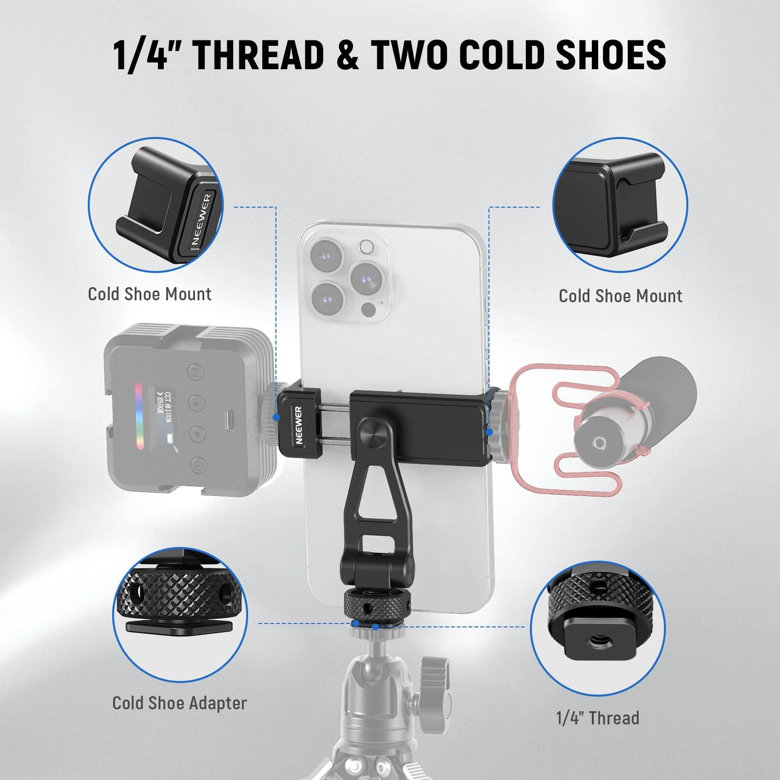 Neewer Metal Phone Tripod Mount with Cold Shoes, 1/4" Thread, 180° Tilt, 360° Rotation, Adjustable Phone Clamp Metal Phone Holder Compatible with iPhone 16 15 Pro Max S24 Ultra Camera Cage, GA010 - Image 5