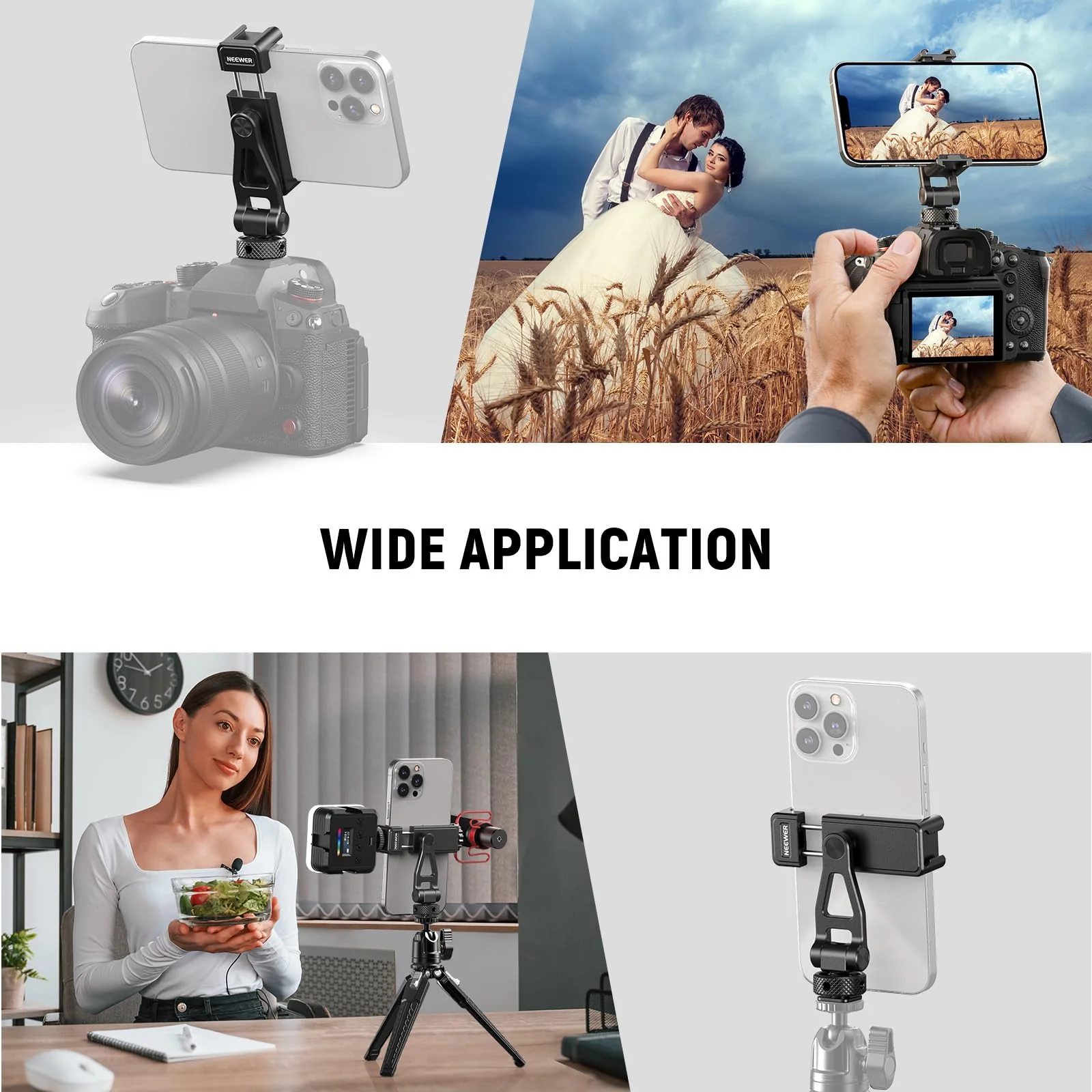 Neewer Metal Phone Tripod Mount with Cold Shoes, 1/4" Thread, 180° Tilt, 360° Rotation, Adjustable Phone Clamp Metal Phone Holder Compatible with iPhone 16 15 Pro Max S24 Ultra Camera Cage, GA010 - Image 8