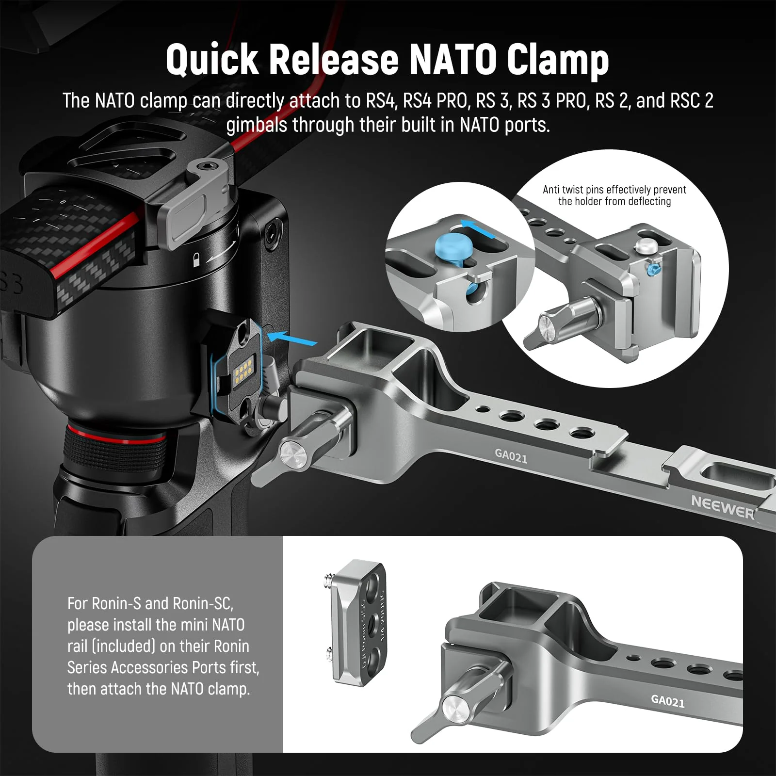 NEEWER NATO Monitor Mount for RS Gimbal, 360° Rotatable Field Monitor Holder with NATO Clamp, Cold Shoe, 1/4" Threads, Compatible with DJI RS4 RS4 PRO RS 3 RS 3 PRO RS 2 RSC 2 Ronin-S Ronin-SC, GA021 - Image 3