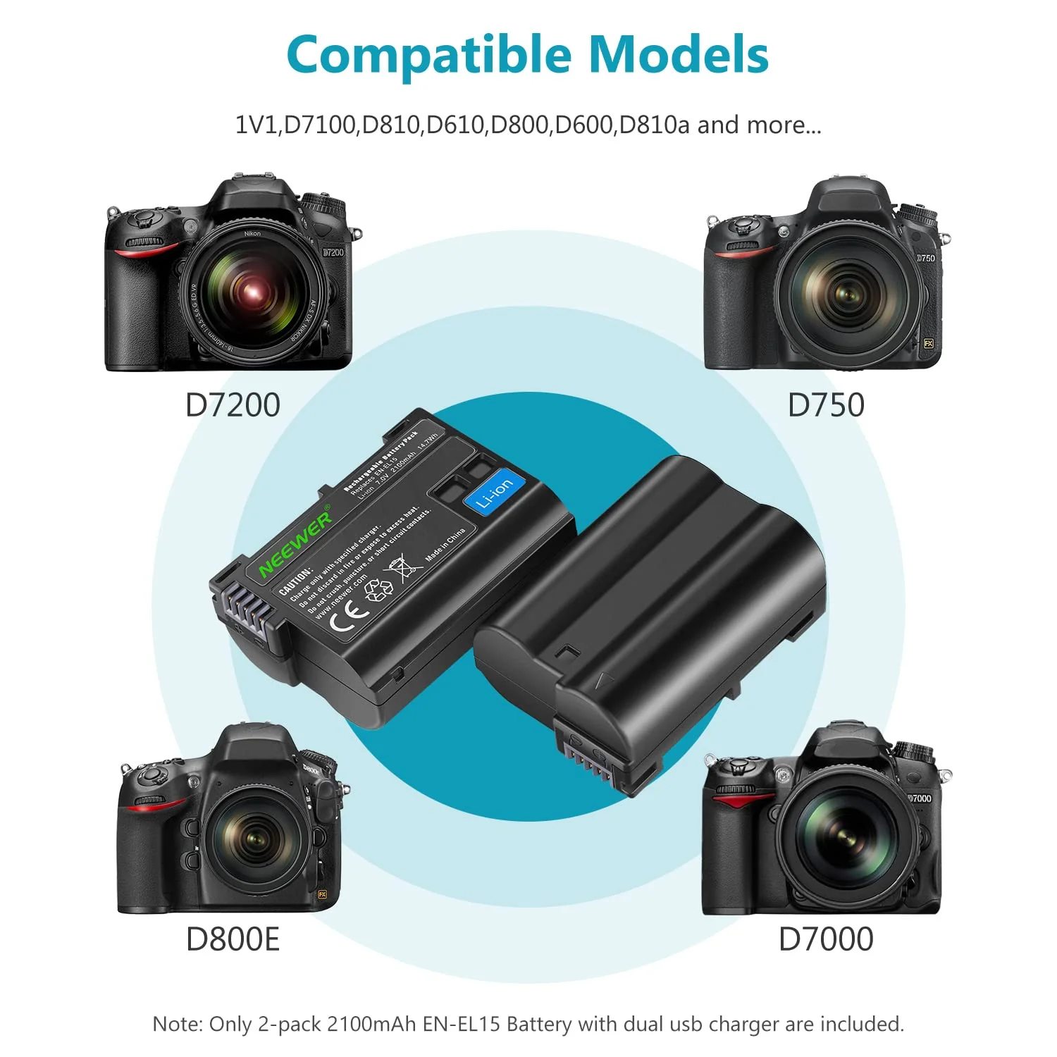 NEEWER Replacement Battery and Charger Set for EN-EL15, Compatible with Nikon Z5, Z6, Z6 II, Z7, Z7II, D780, D850, D7500, D750, D800, D7000, D7100, D7200 Batteries (2-Pack, Micro USB Port, 2100mAh) - Image 3