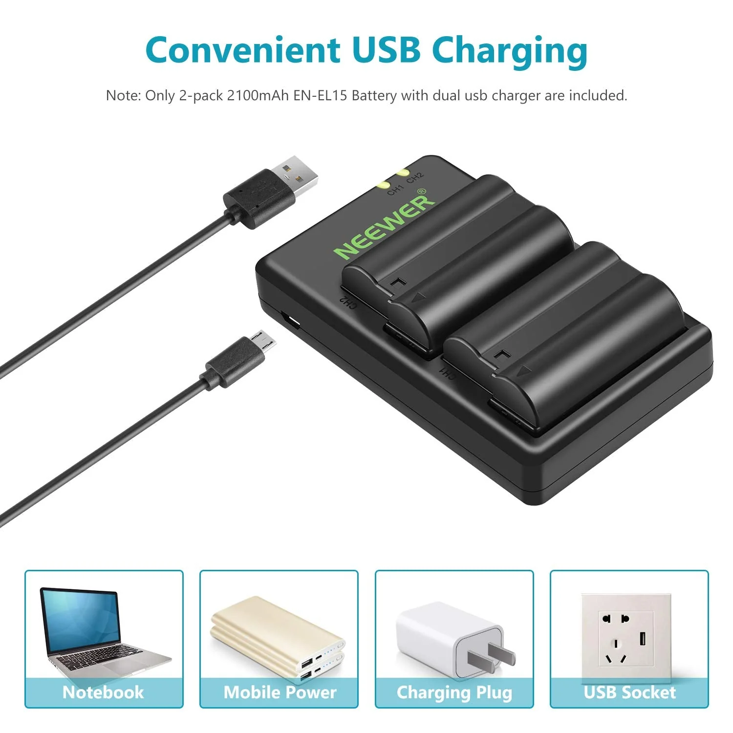 NEEWER Replacement Battery and Charger Set for EN-EL15, Compatible with Nikon Z5, Z6, Z6 II, Z7, Z7II, D780, D850, D7500, D750, D800, D7000, D7100, D7200 Batteries (2-Pack, Micro USB Port, 2100mAh) - Image 4