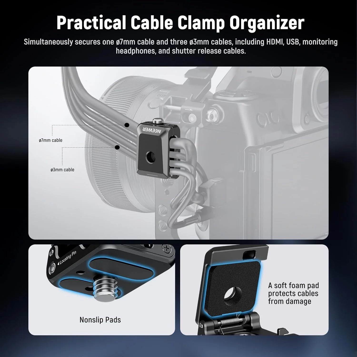 NEEWER Spring Loaded Cable Clamp, 2 Pack, Camera Cage Cable Organizer with Removable Anti Twist Locating Pin, 1/4" Screw, Quick Release Lock, Foam Pad for HDMI, USB, Headphone, Shutter Cables, UA073 - Image 2