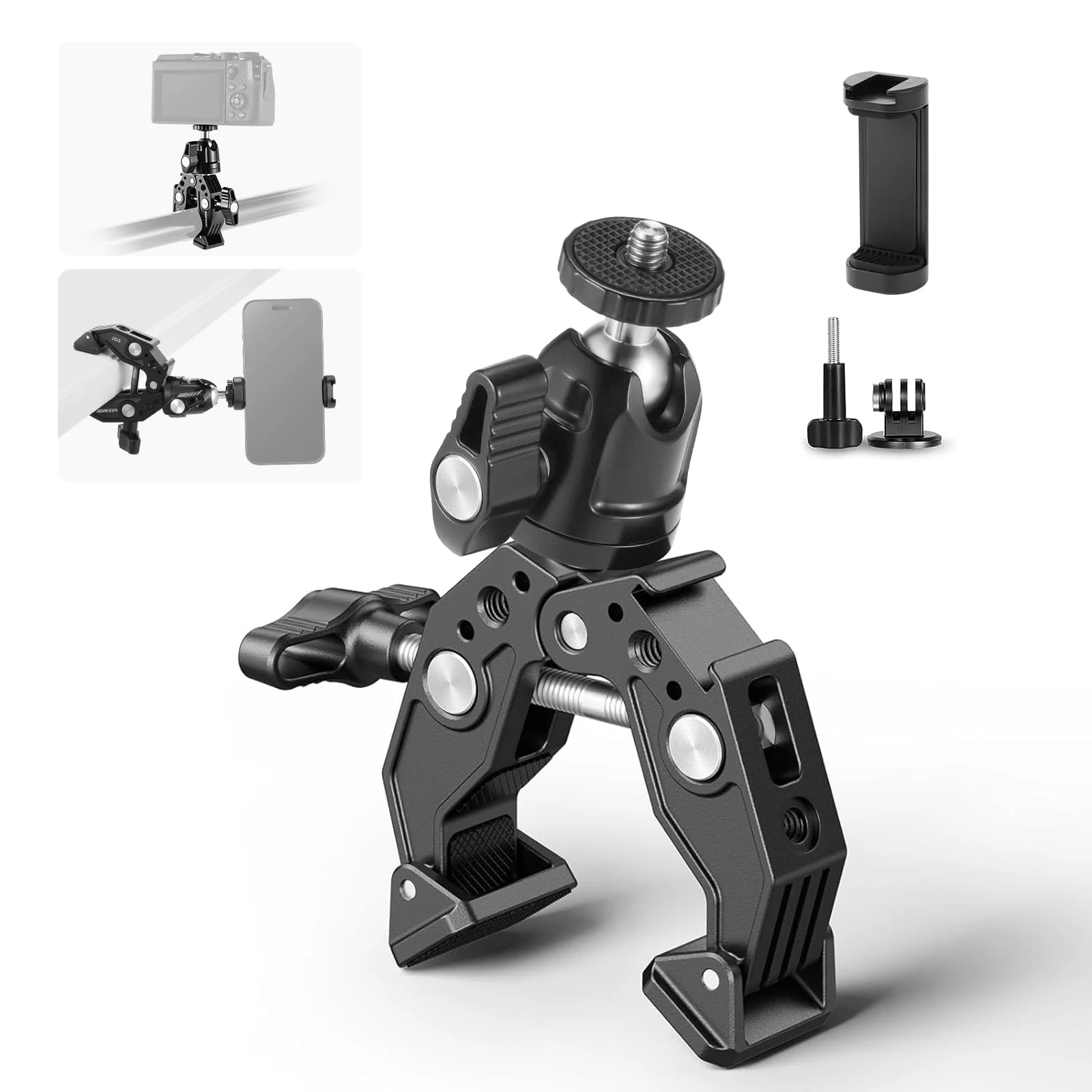 Neewer Super Clamp with Ballhead, Cold Shoe, Phone Holder and Action Camera Mount Adapter for Flat/Round Surface Compatible with GoPro DJI iPhone 15 Pro Max, ST87