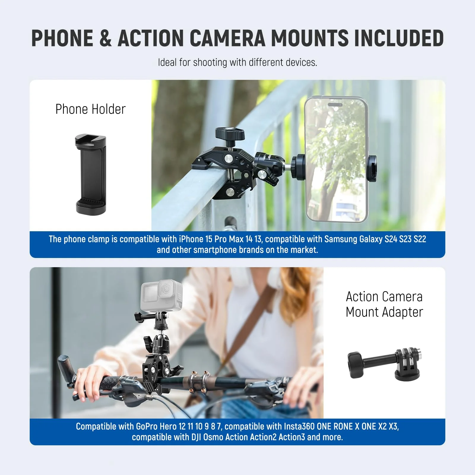 Neewer Super Clamp with Ballhead, Cold Shoe, Phone Holder and Action Camera Mount Adapter for Flat/Round Surface Compatible with GoPro DJI iPhone 15 Pro Max, ST87 - Image 6