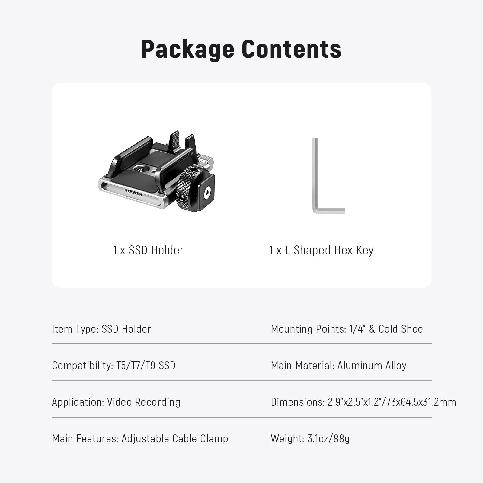 NEEWER Universal SSD Holder Mount Bracket with Cold Shoe/Cable Clamp, 1.6"-2.6" for T5 T7 T9 SSD, Compatible with SmallRig Cage for BMPCC 4K 6K, 15 Pro/15 Pro Max Phone Cage, UA059 - Image 7