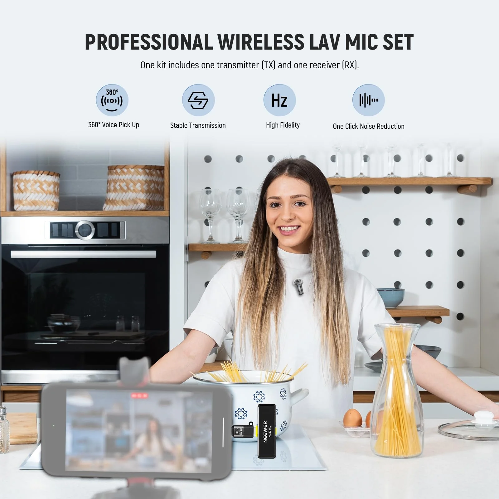 NEEWER Wireless Lavalier Microphone System for USB C, Compatible with iPhone 16 15 Samsung Android Phones, Noise Cancelling Mini Lav Omnidirectional Condenser Mic for Vlogging Live Streaming, KM23 - Image 2