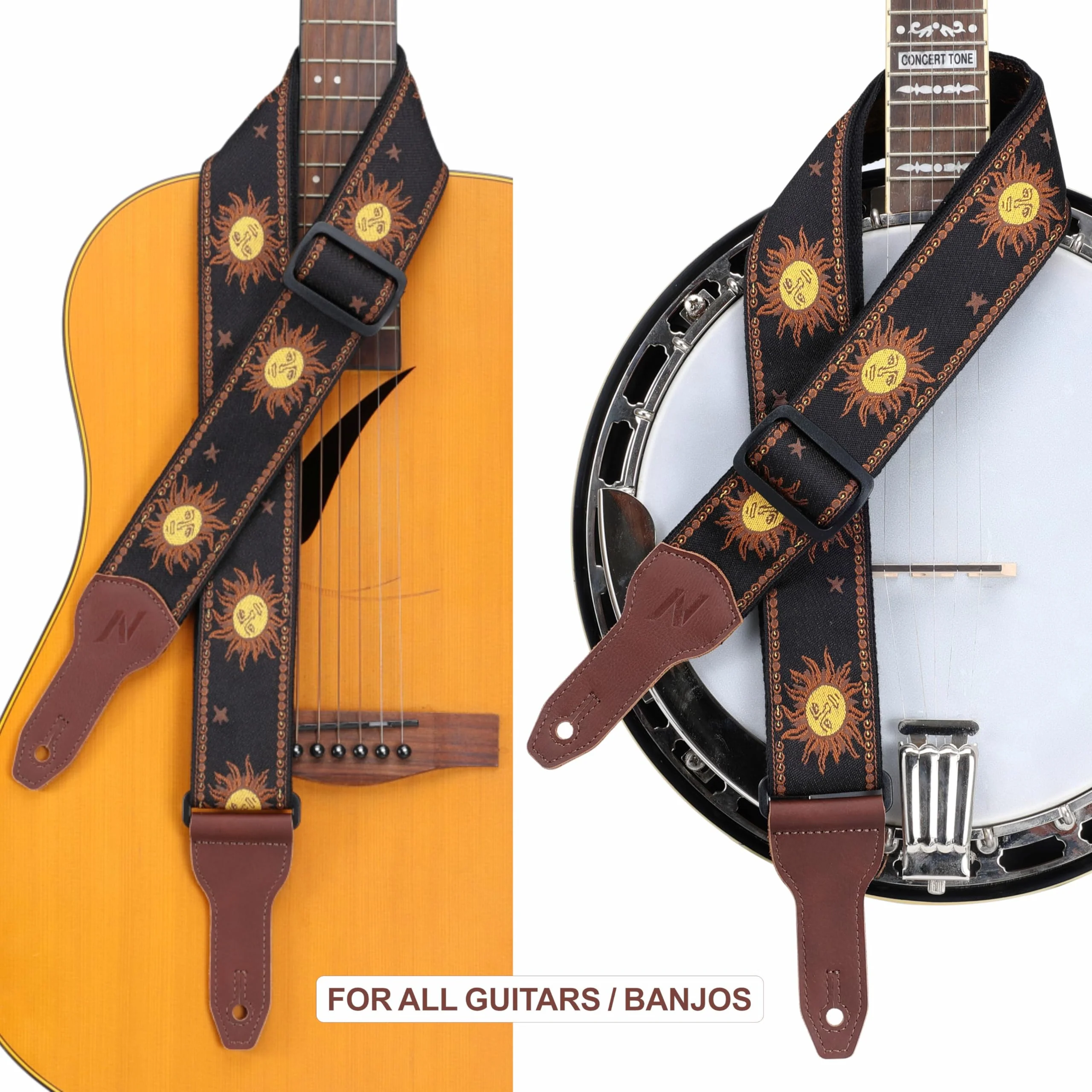Nefelibata Banjo Strap, 2" Wide Double Full Grain Cowhide Guitar Strap Adjustable Replacement,Multi-pattern Guitar Strap With Headstock Rope and Leather Headband(Sun God Embroidery) Sun God Embroidery - Image 2