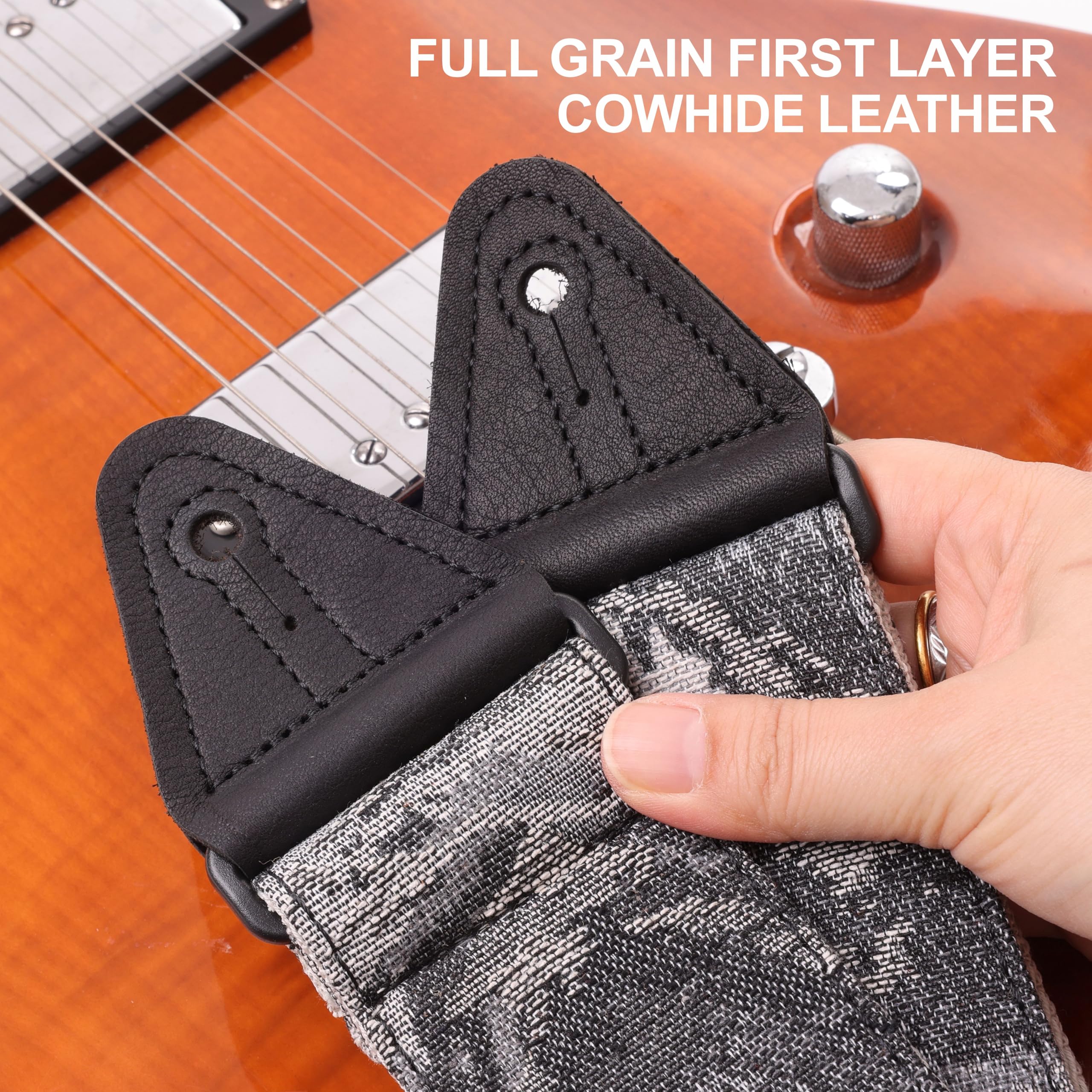 Nefelibata Guitar Strap 2.3", Double Cowhide Leather Ends, Cotton Guitar Straps for Bass, Electric & Acoustic Guitar, with Strap Button, Strap Locks and Guitar Picks Camo - Image 3