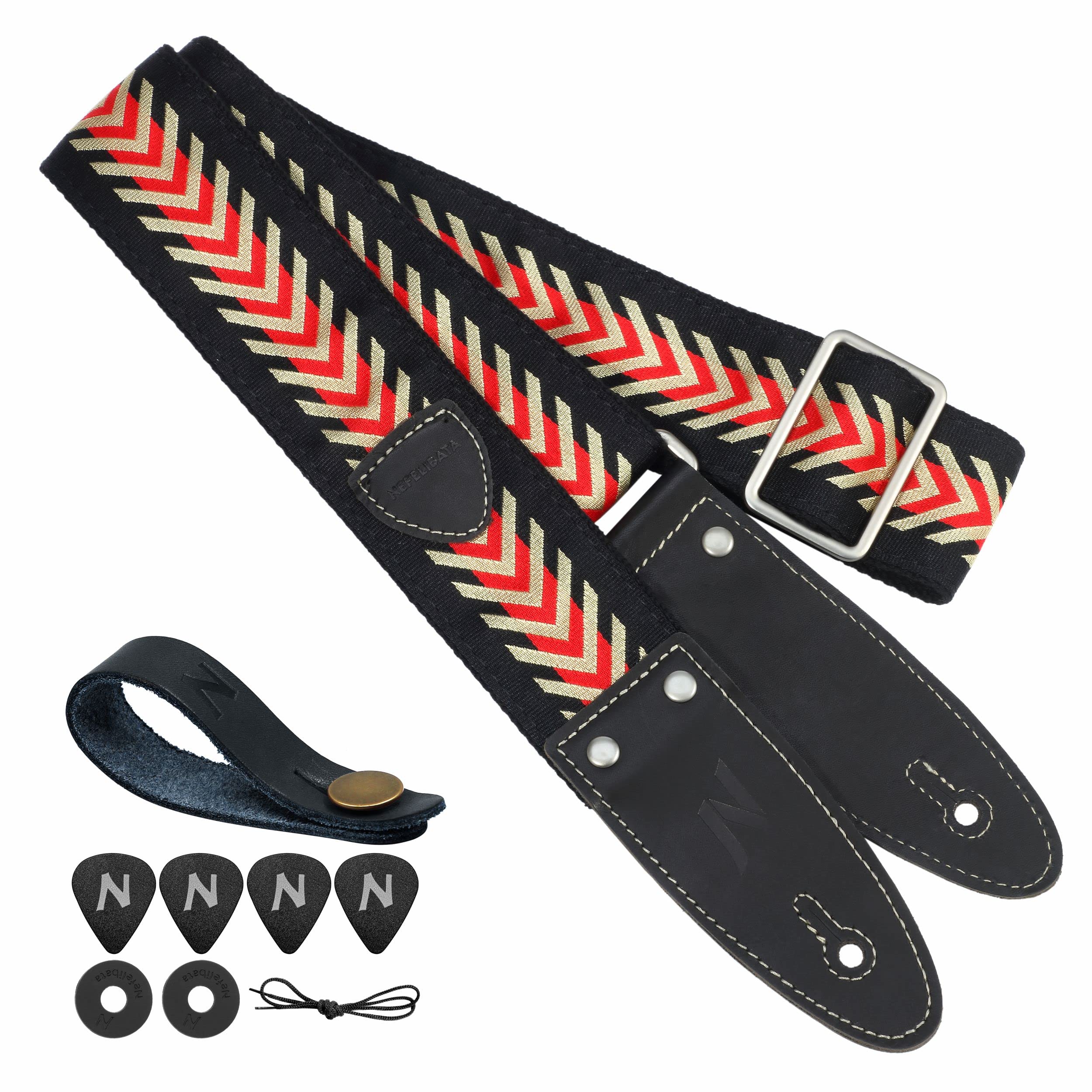 Nefelibata Guitar Strap, 2" Jacquard Embroidered Cotton Guitar Strap with Double-Length Leather Ends with Guitar Pick Pocket for Bass, Electric and Acoustic Guitars(Vintage Arrowhead Red) Vintage Arrowhead Red