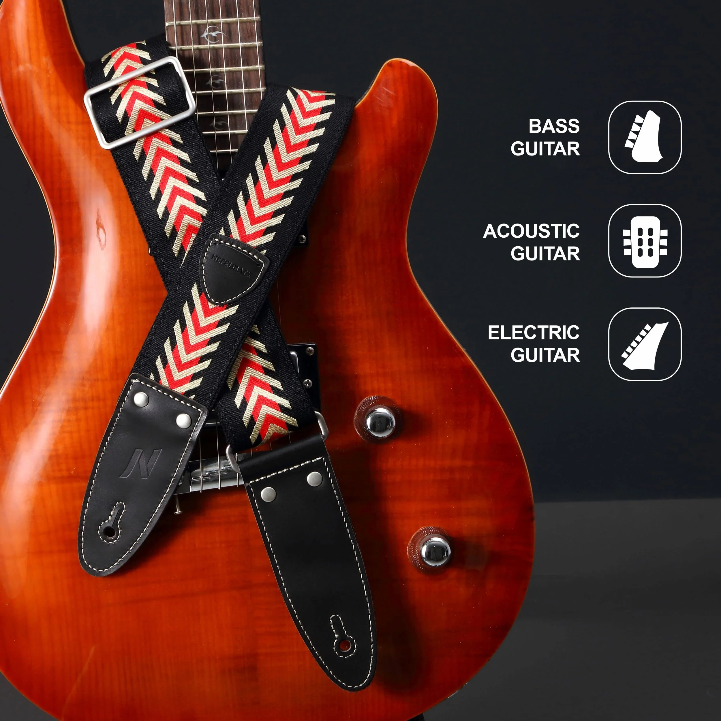 Nefelibata Guitar Strap, 2" Jacquard Embroidered Cotton Guitar Strap with Double-Length Leather Ends with Guitar Pick Pocket for Bass, Electric and Acoustic Guitars(Vintage Arrowhead Red) Vintage Arrowhead Red - Image 5
