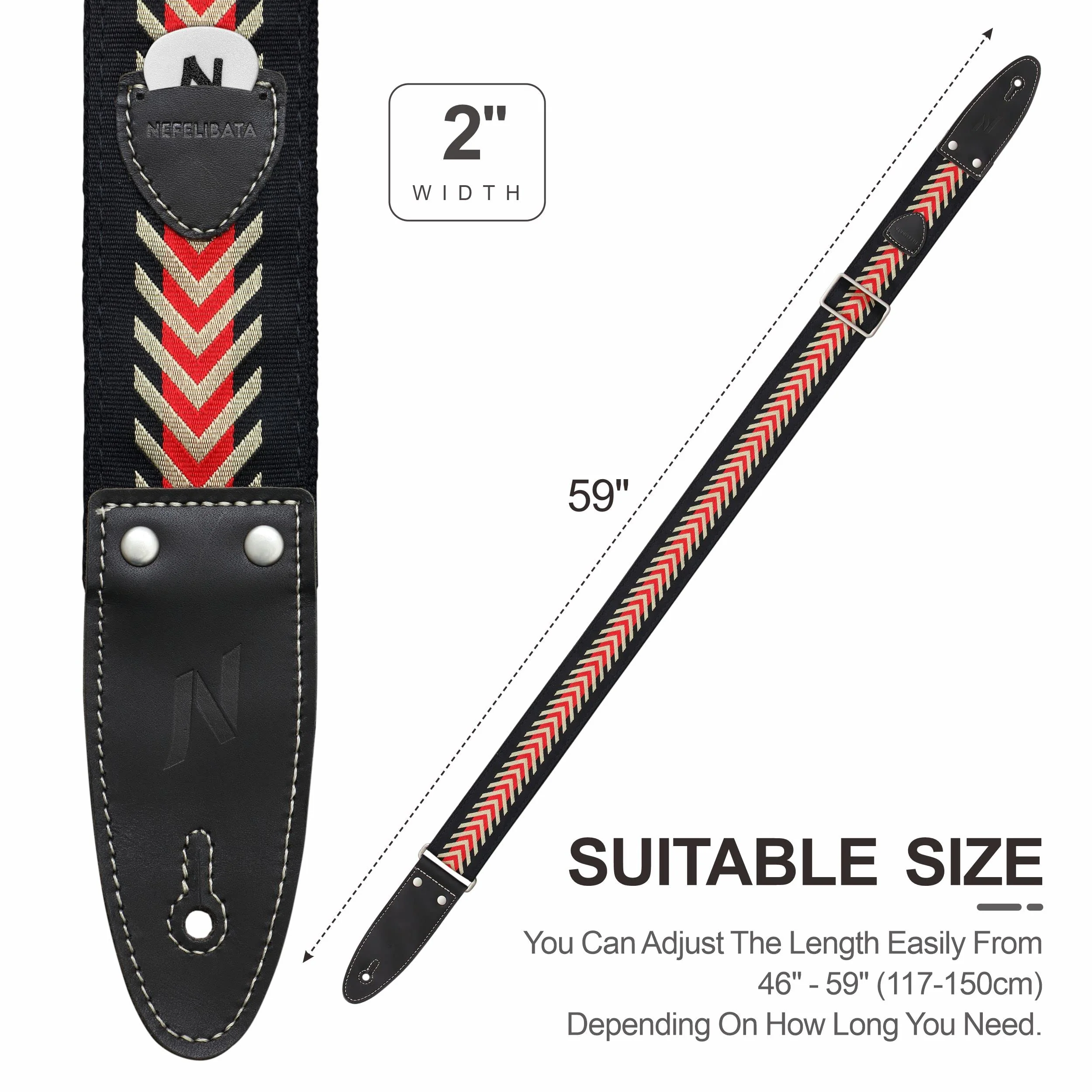Nefelibata Guitar Strap, 2" Jacquard Embroidered Cotton Guitar Strap with Double-Length Leather Ends with Guitar Pick Pocket for Bass, Electric and Acoustic Guitars(Vintage Arrowhead Red) Vintage Arrowhead Red - Image 6