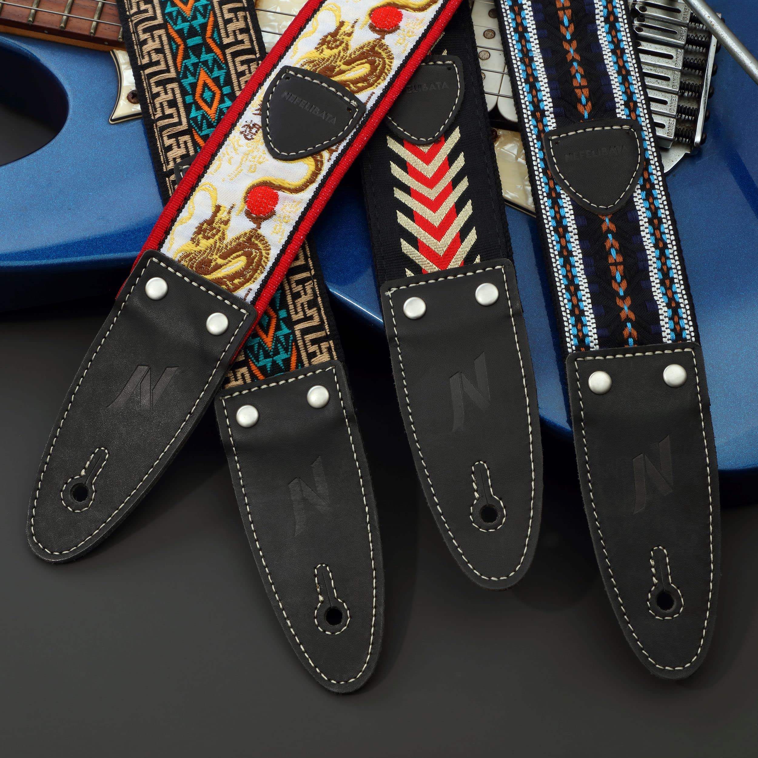 Nefelibata Guitar Strap, 2" Jacquard Embroidered Cotton Guitar Strap with Double-Length Leather Ends with Guitar Pick Pocket for Bass, Electric and Acoustic Guitars(Vintage Arrowhead Red) Vintage Arrowhead Red - Image 7