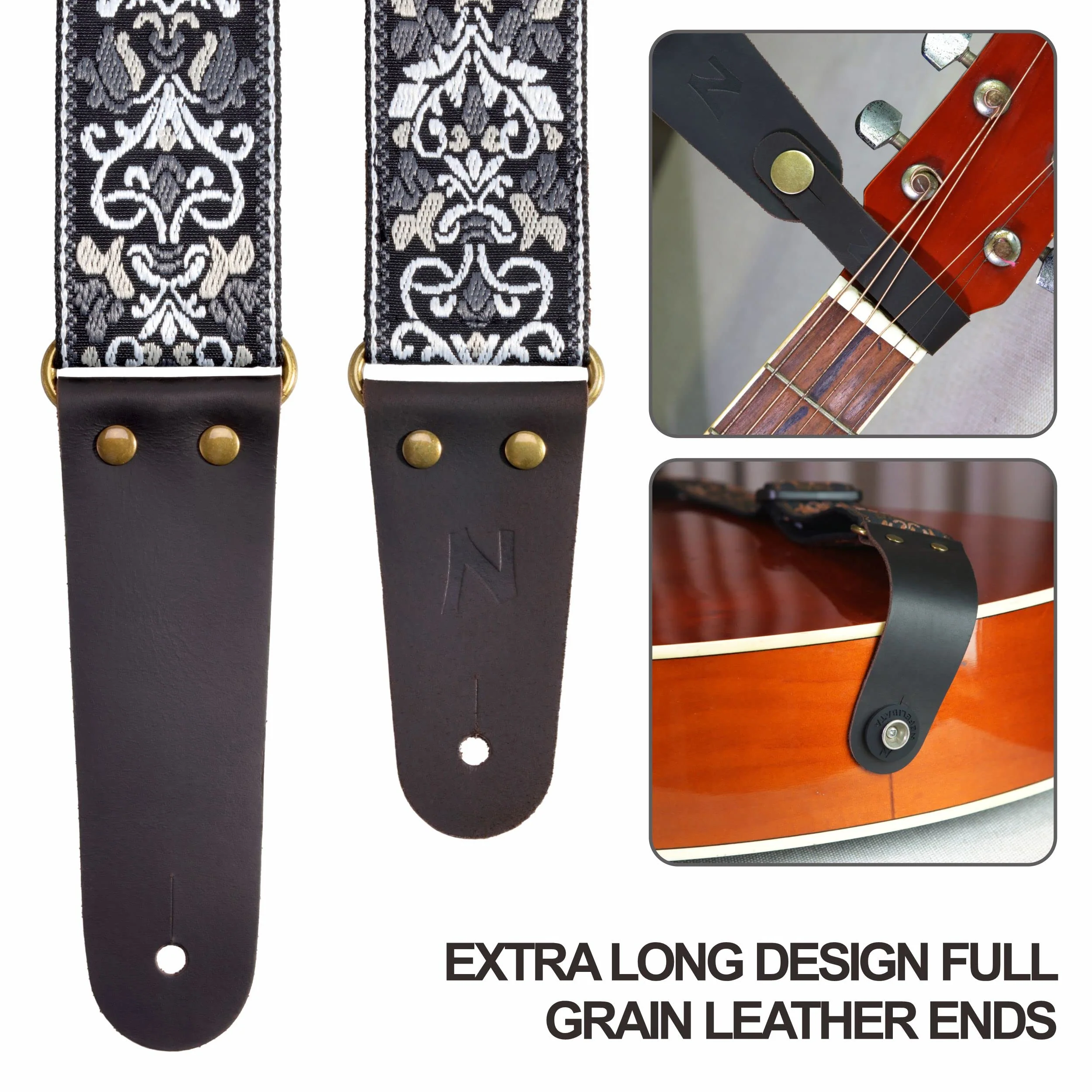 Nefelibata Guitar Strap, 2" Jacquard Embroidery Guitar Straps, Full Grain Leather Ends with Hidden Pocket, for Bass, Electric and Acoustic Guitars, Free Buckle, Strap Lock and Guitar Picks - Image 2