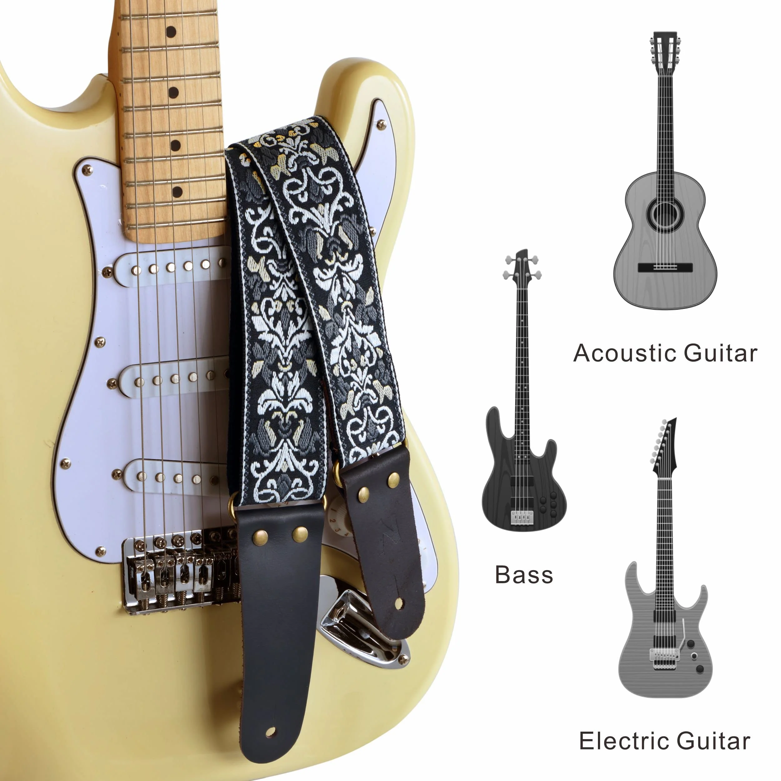 Nefelibata Guitar Strap, 2" Jacquard Embroidery Guitar Straps, Full Grain Leather Ends with Hidden Pocket, for Bass, Electric and Acoustic Guitars, Free Buckle, Strap Lock and Guitar Picks - Image 4