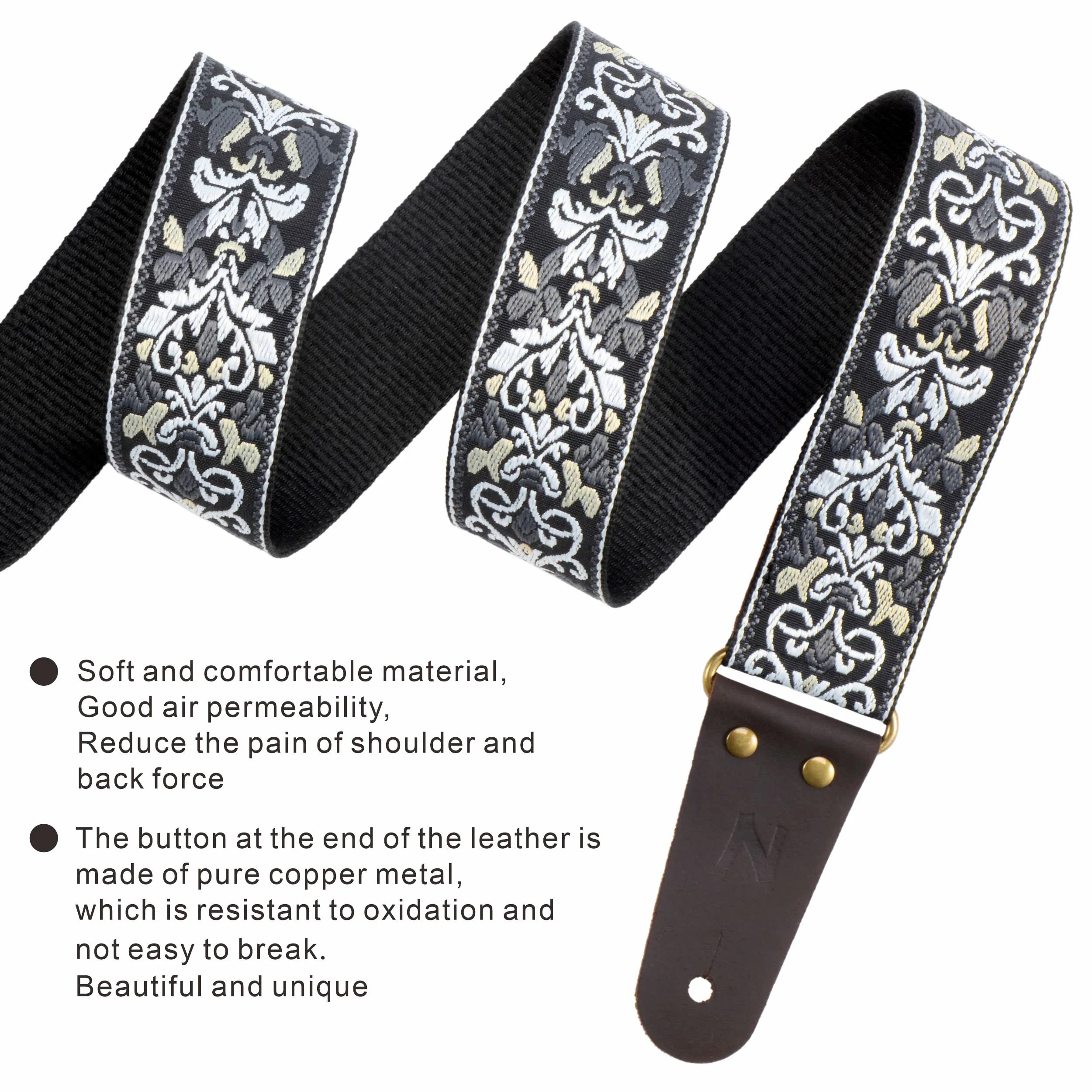 Nefelibata Guitar Strap, 2" Jacquard Embroidery Guitar Straps, Full Grain Leather Ends with Hidden Pocket, for Bass, Electric and Acoustic Guitars, Free Buckle, Strap Lock and Guitar Picks - Image 7