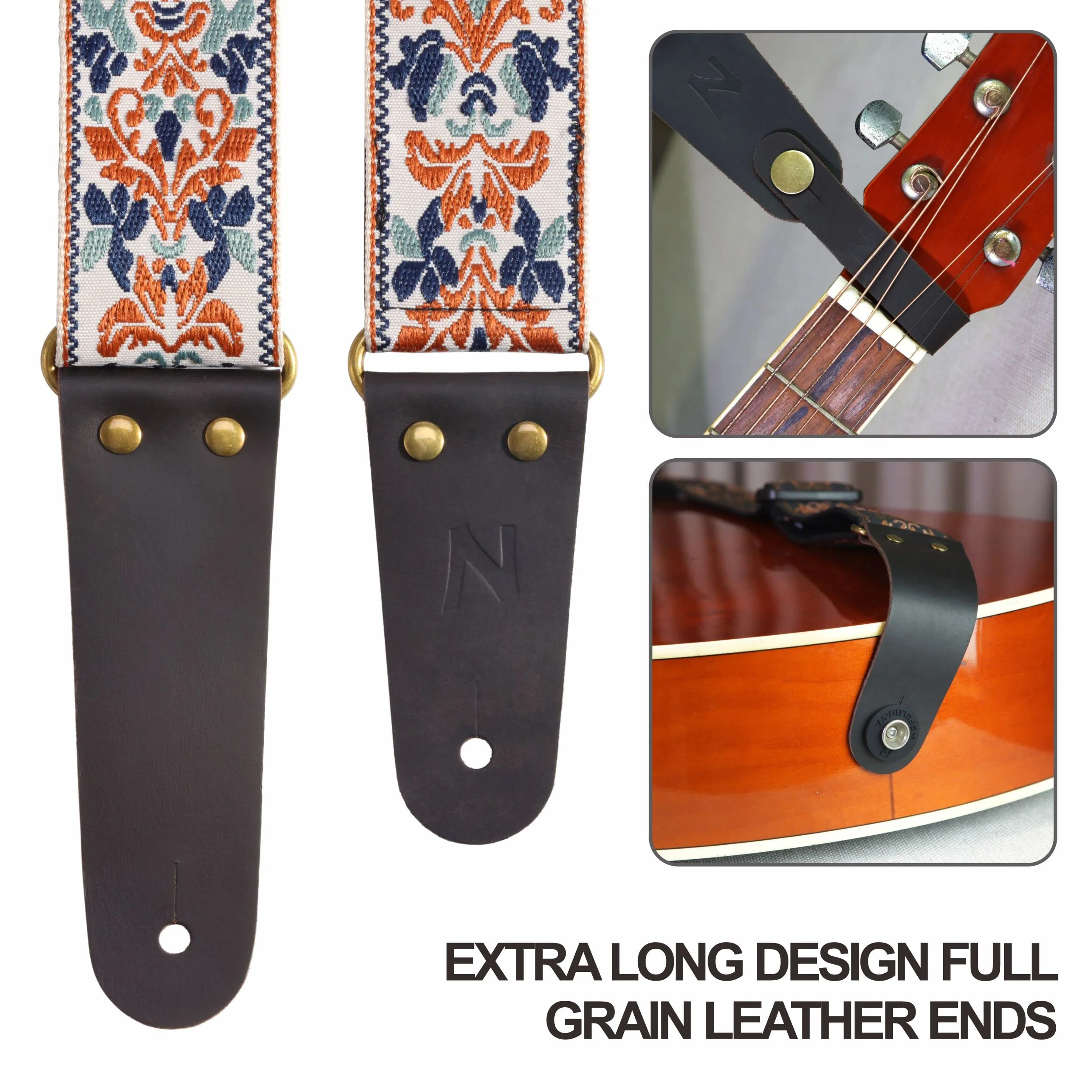Nefelibata Guitar Strap, 2" Jacquard Embroidery Guitar Straps, Full Grain Leather Ends with Hidden Pocket, for Bass, Electric and Acoustic Guitars, Free Buckle, Strap Lock and Guitar Picks Golden Jacquard - Image 2